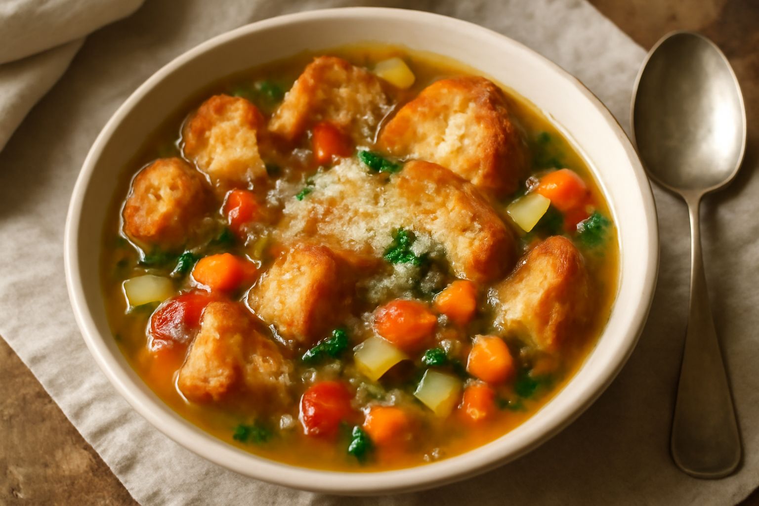 Zuppa di pane raffermo in ciotola di ceramica bianca, con pezzi di pane tostato di colore dorato, verdure a dadini in brodo chiaro, contorno di pomodori rossi e zucchine verdi, filo d'olio d'oliva oro