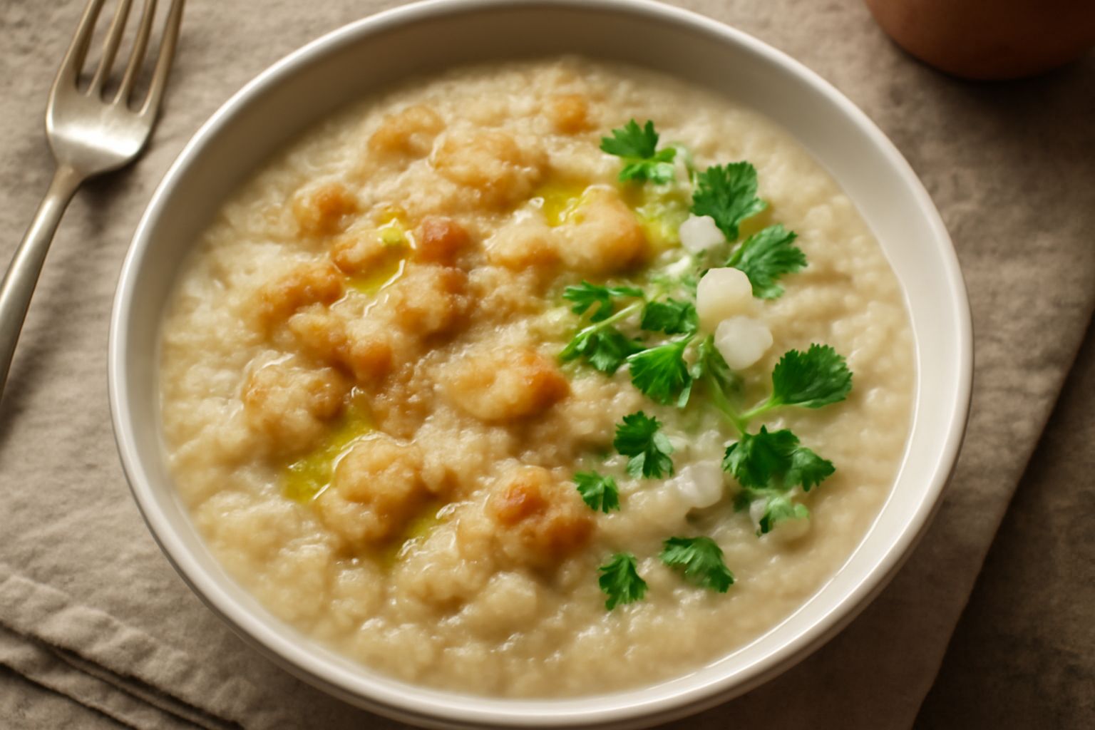 Ciotola di terracotta con zuppa di pane secco color avorio, densa ma non appiccicosa, condita con olio verde e pepe nero, pane raffermo in pezzi visibili galleggiante nel brodo tiepido