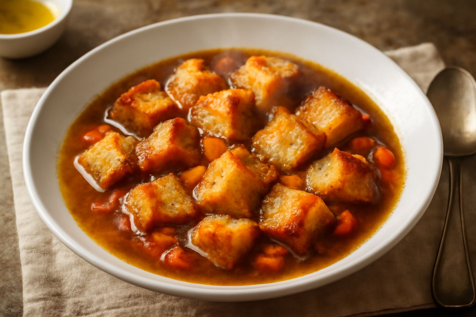Zuppa di pane tostato in ciotola bianca, con cubetti di pane dorato e croccante emergenti da un brodo color oro, verdure verdi e rosse visibili, grattugia di parmigiano bianco sulla superficie, cucchi