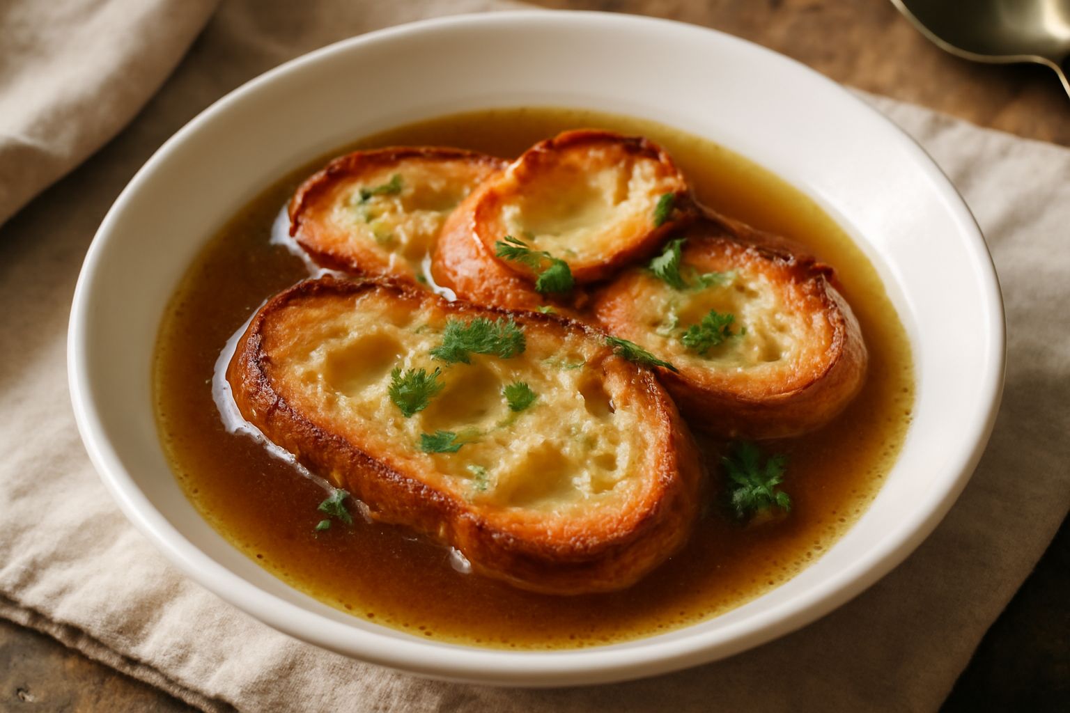 Zuppa di pane tostato servita in ciotola bianca, pane dorato e croccante che galleggia nel brodo trasparente e ambrato, con fili di prezzemolo verde fresco e un filo di olio d'oliva in superficie