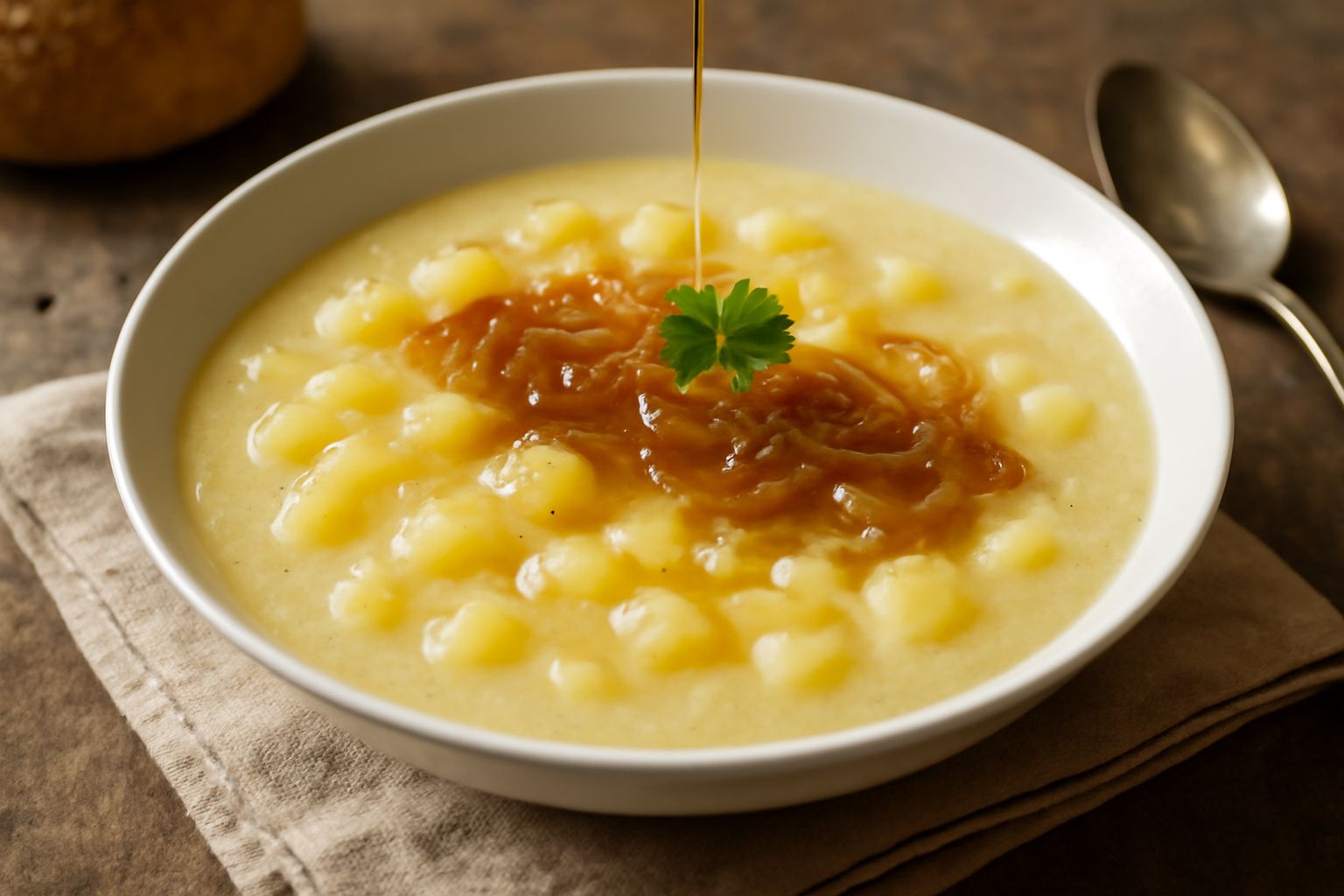 Zuppa di patate e cipolle in una ciotola bianca, densa e cremosa, con patate morbide visibili, cipolla dorata caramellata in superficie, un filo di olio extravergine e prezzemolo fresco tritato, su ta