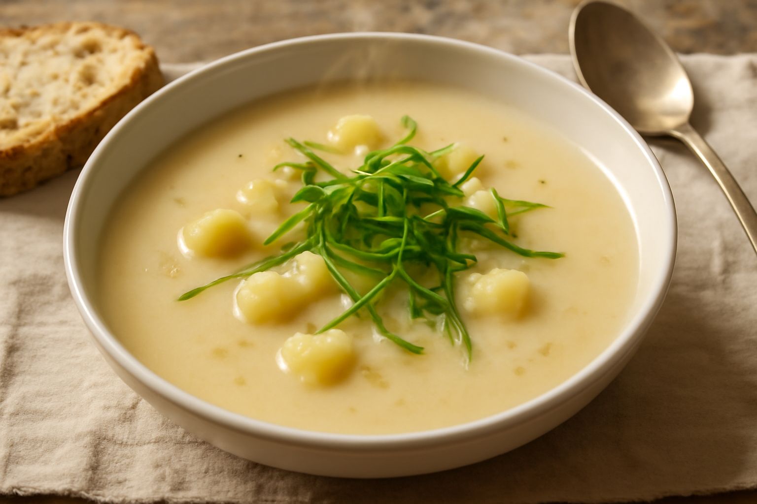 Ciotola di ceramica bianca con zuppa cremosa color avorio, guarnita con fili di porro verde crudo e olio d'oliva, su tavolo di legno chiaro con cucchiaio in acciaio