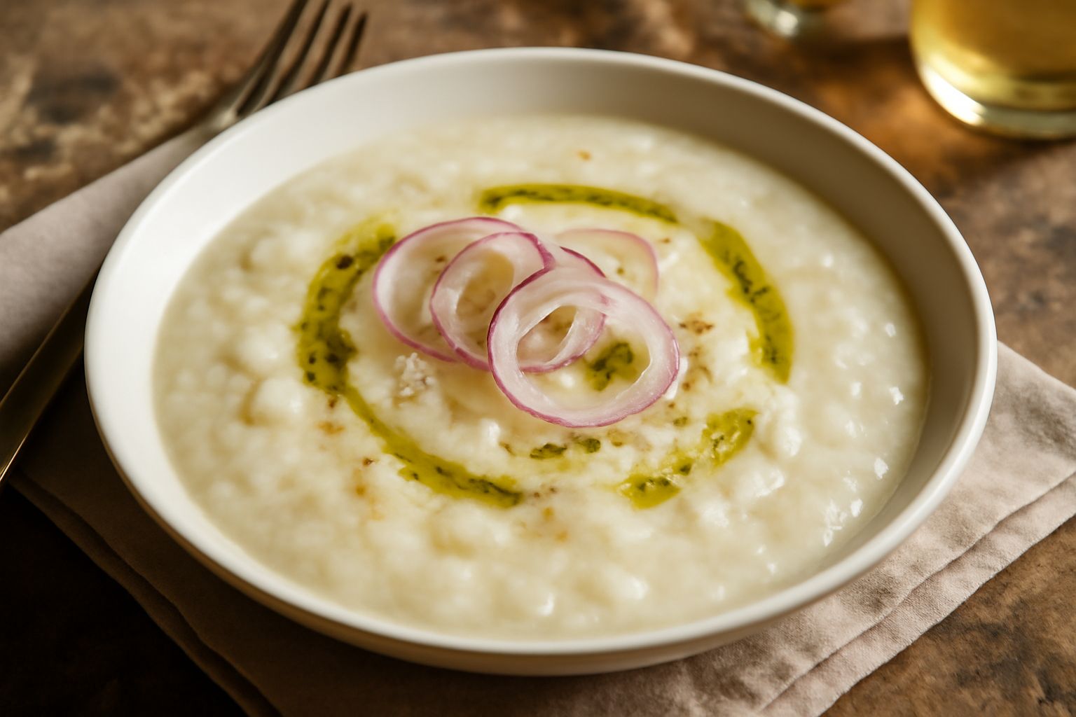 Ciotola di ceramica bianca con zuppa di patate cremosa color avorio, con gocce di olio d'oliva verde sul bordo, fette di pane croccante e una manata di prezzemolo fresco tritato sopra
