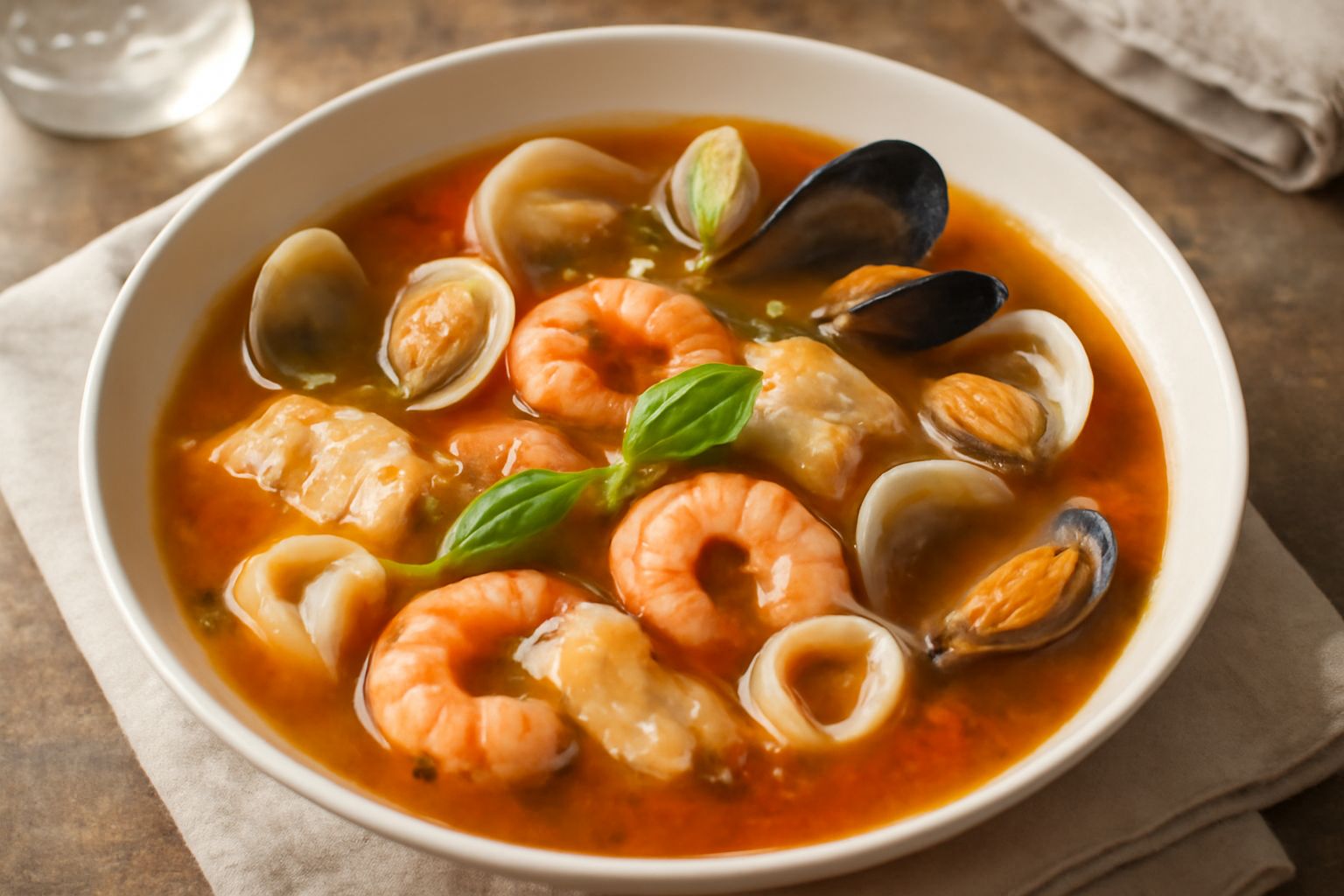 Zuppa di pesce in ciotola di ceramica bianca: brodo trasparente con vongole aperte, gamberi rosa, filetti di pesce bianco, pomodori rossi, prezzemolo fresco verde, servita con pane tostato ai lati