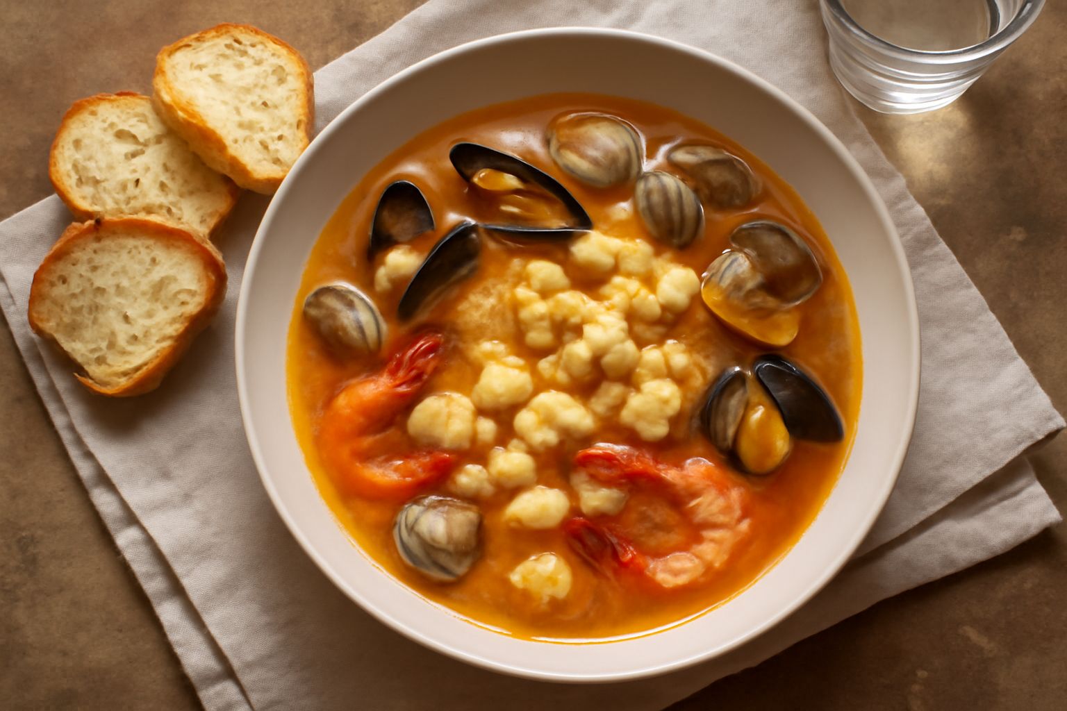Zuppa di pesce in ciotola bianca di ceramica, con brodo dorato rossiccio, pezzetti di pesce bianco, cozze e vongole semiacchiuse, gamberetti rossi, un filo di olio verde in superficie, pane tostato ai