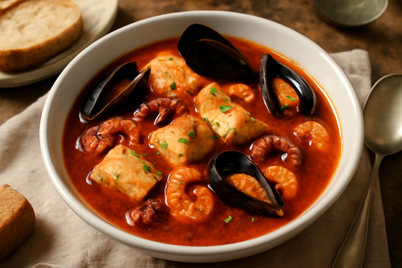 Zuppa di pesce alla cosentina servita in ciotola di ceramica bianca: brodo rosso scuro con pezzi di pesce, cozze nere aperte, gamberetti rosa, pomodori rossi visibili, peperoncino fresco rosso sulla s