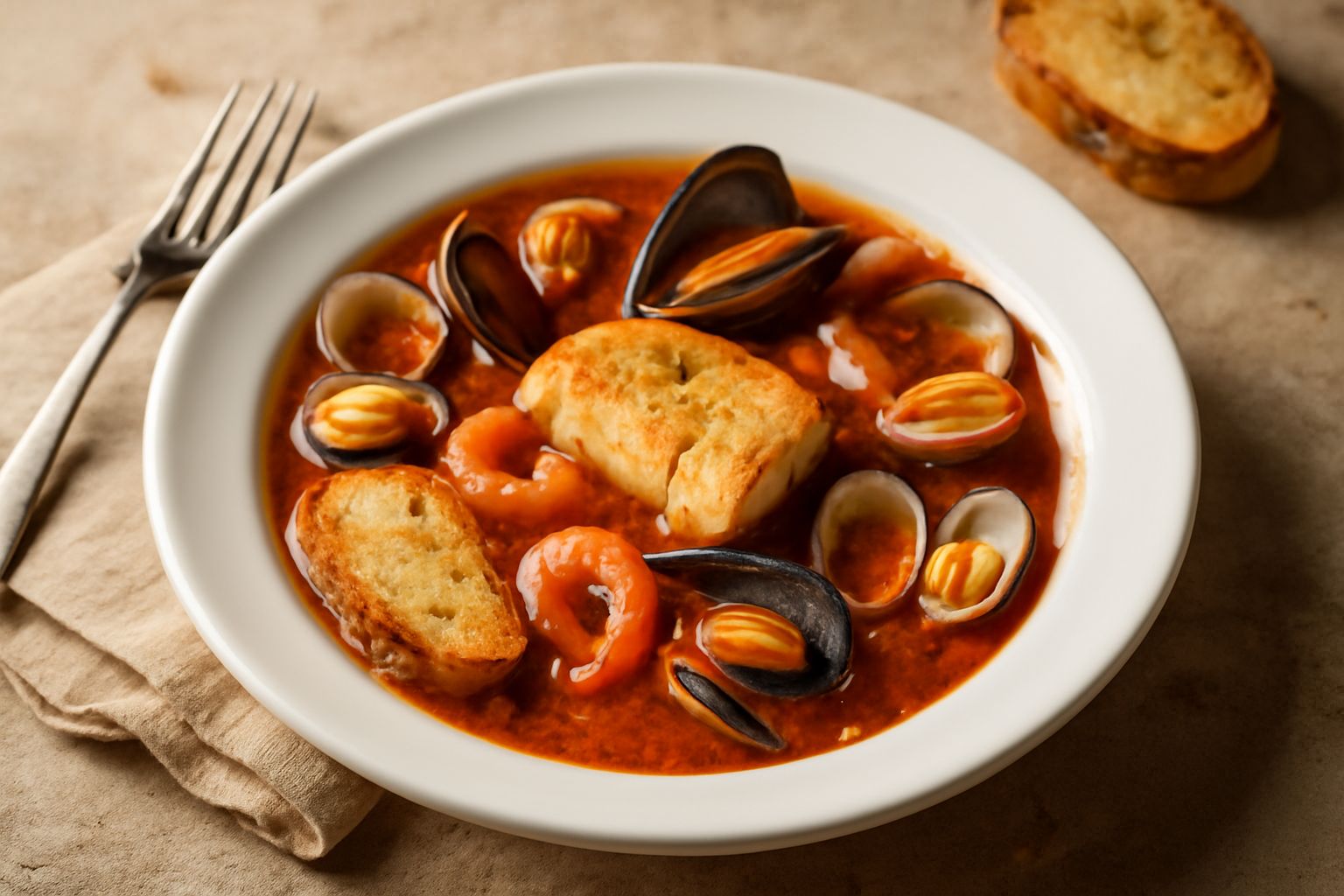 Zuppa di pesce alla ferrarese in ciotola bianca fonda, brodetto rosso-arancio con cozze nere aperte, vongole, tranci di pesce bianco, pomodoro visibile nel brodo, prezzemolo verde fresco sparso in sup