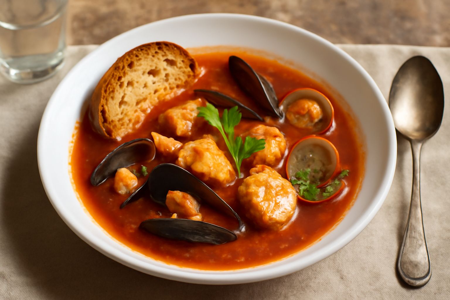 Ciotola di zuppa di pesce alla fiorentina con pezzi di pesce bianco, cozze aperte, fette di pane tostato su fondo rosso-arancio del brodo di pomodoro, servita in un piatto fondo bianco