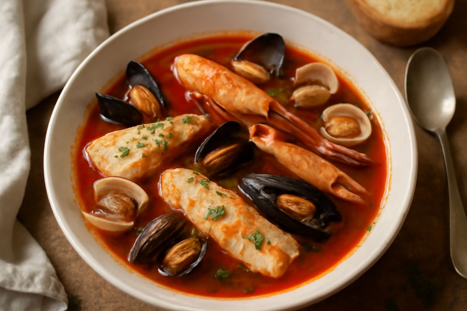 Ciotola bianca ampia con brodetto rosso intenso contenente branzino, scampi, cozze e vongole, spolverata di prezzemolo fresco verde, con fette di pane tostato a bordo piatto