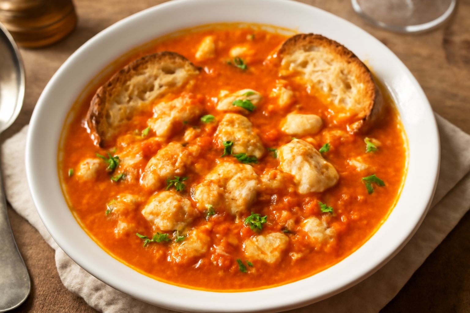 Zuppa di pesce in ciotola di ceramica bianca con brodo arancione, tranci di pesce bianco, pomodoro affettato, fette di pane tostato ai bordi, aglio e prezzemolo fresco sopra