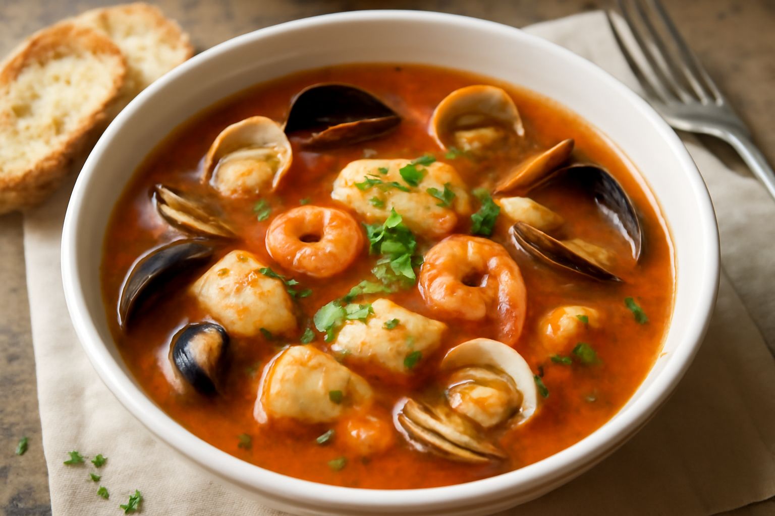 Zuppa di pesce in ciotola bianca fonda, con pezzi di pesce bianco, vongole veraci, brodo rosato dal pomodoro, gamberetti rosa, sedano, aglio e prezzemolo, con fette di pane tostato poggiate sul bordo