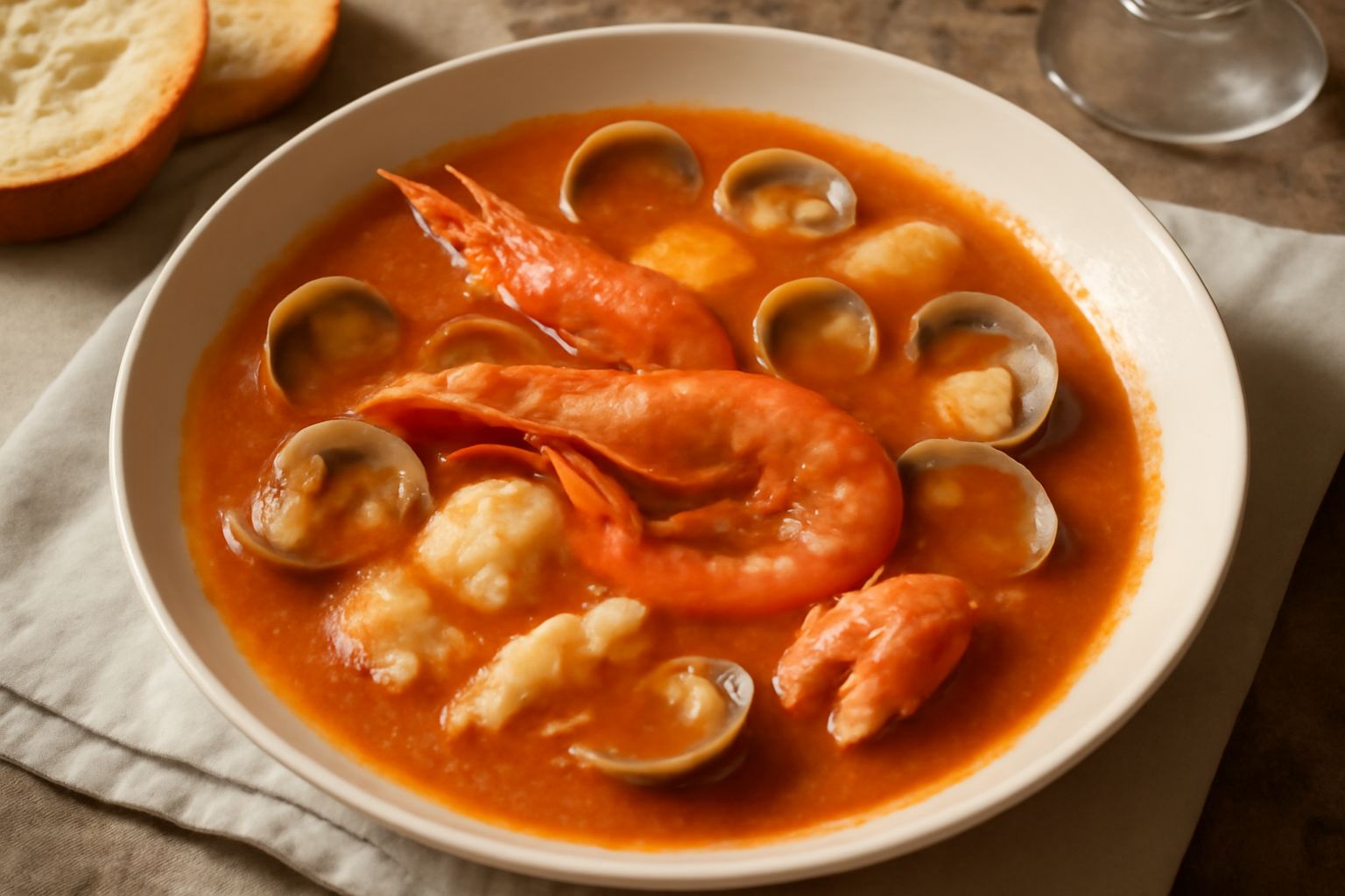 Zuppa di pesce in ciotola bianca con brodo rosato, gamberi, vongole e crostini di pane abbrustolito, prezzemolo fresco e fette di limone ai lati