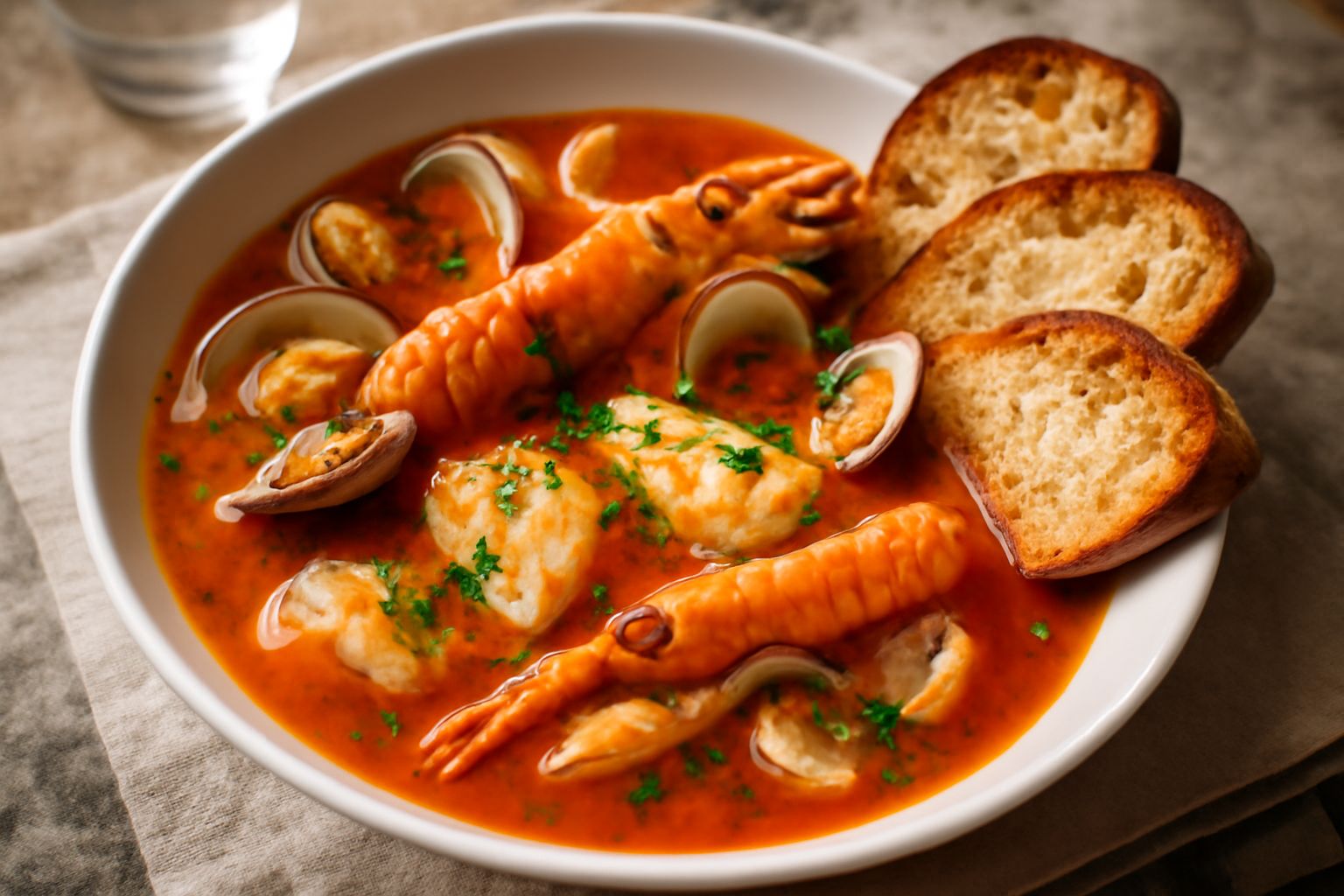 Zuppa di pesce alla pisana in ciotola profonda di ceramica bianca, brodo rosato con vongole, scampi e pezzi di pesce, pane tostato adagiato al bordo, prezzemolo verde fresco sulla superficie