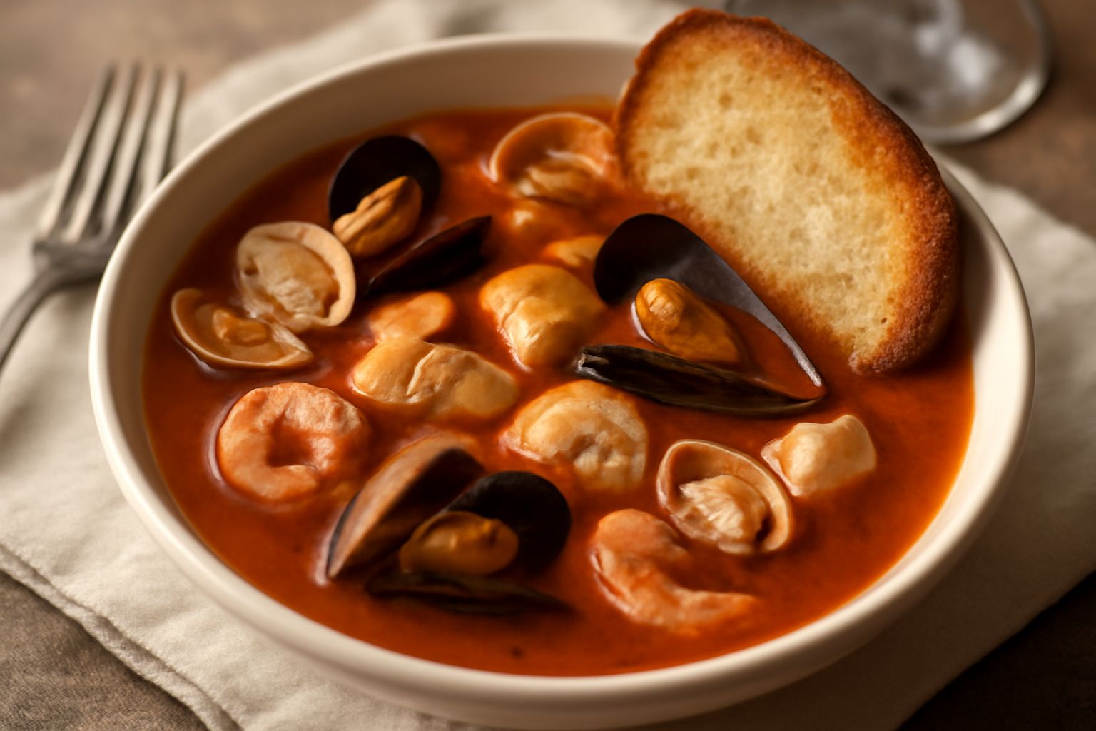 Zuppa di pesce in ciotola di porcellana bianca, brodo rosso-arancio con vongole aperte e cozze nere, gamberettini visibili, fette di pane tostato bianche a lato, prezzemolo fresco verde sulla superfic