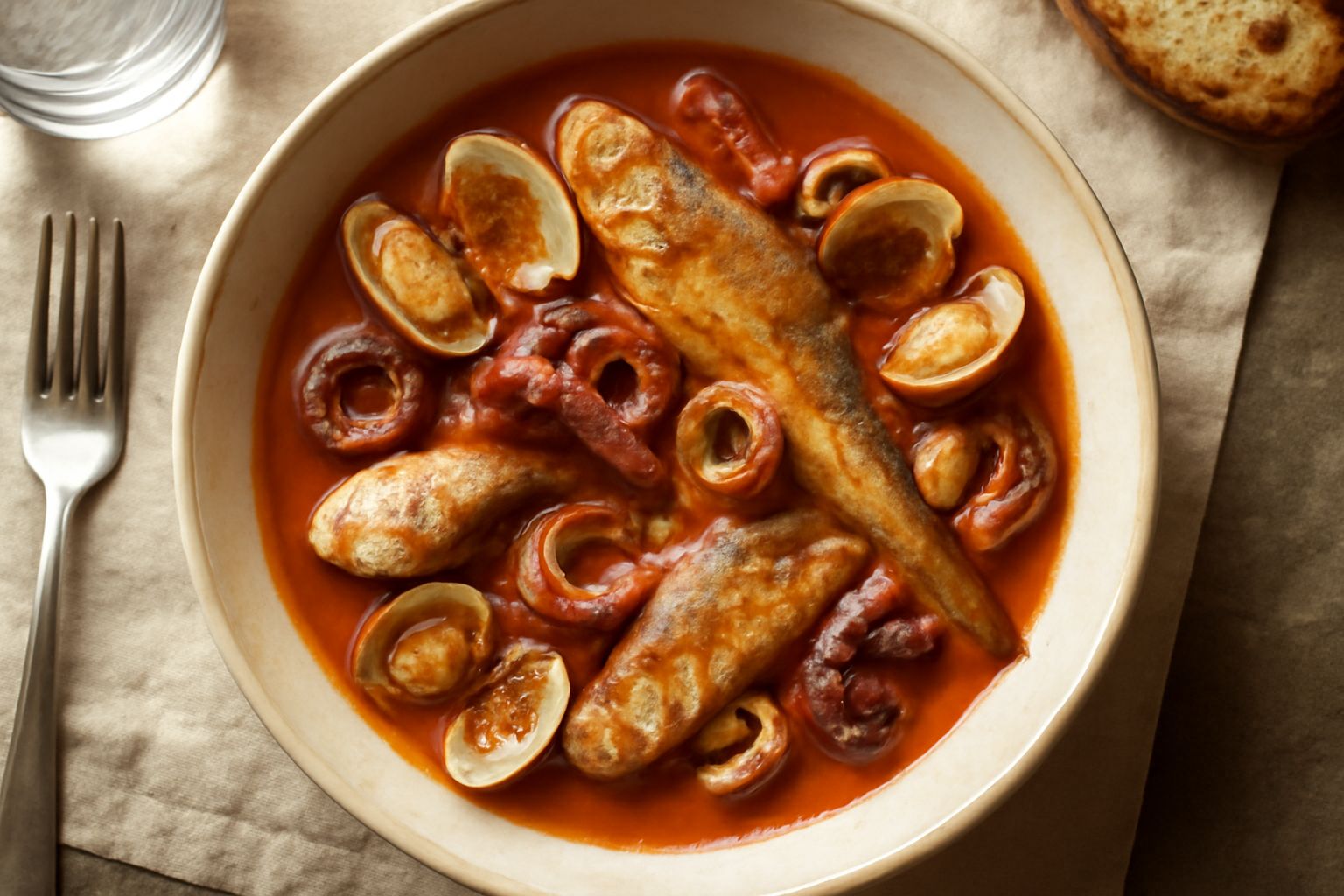 Una ciotola bianca colma di brodetto di pesce color ambra con polpo, calamar, vongole e pesciolini bianchi visibili in superficie, con pezzi di pane tostato ai lati e un filo di olio d'oliva verde sul