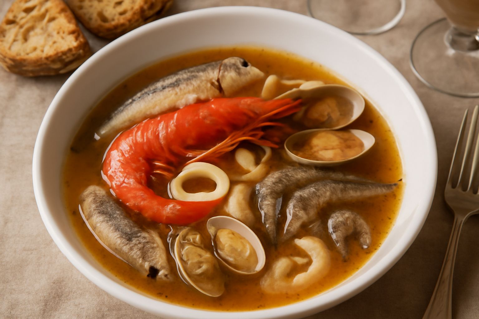 Una ciotola fonda in ceramica bianca contiene zuppa di pesce con vari pesci interi piccoli, calamari, vongole aperte, gamberetti, brodo trasparente e ambrato, guarnito con prezzemolo fresco verde e fe