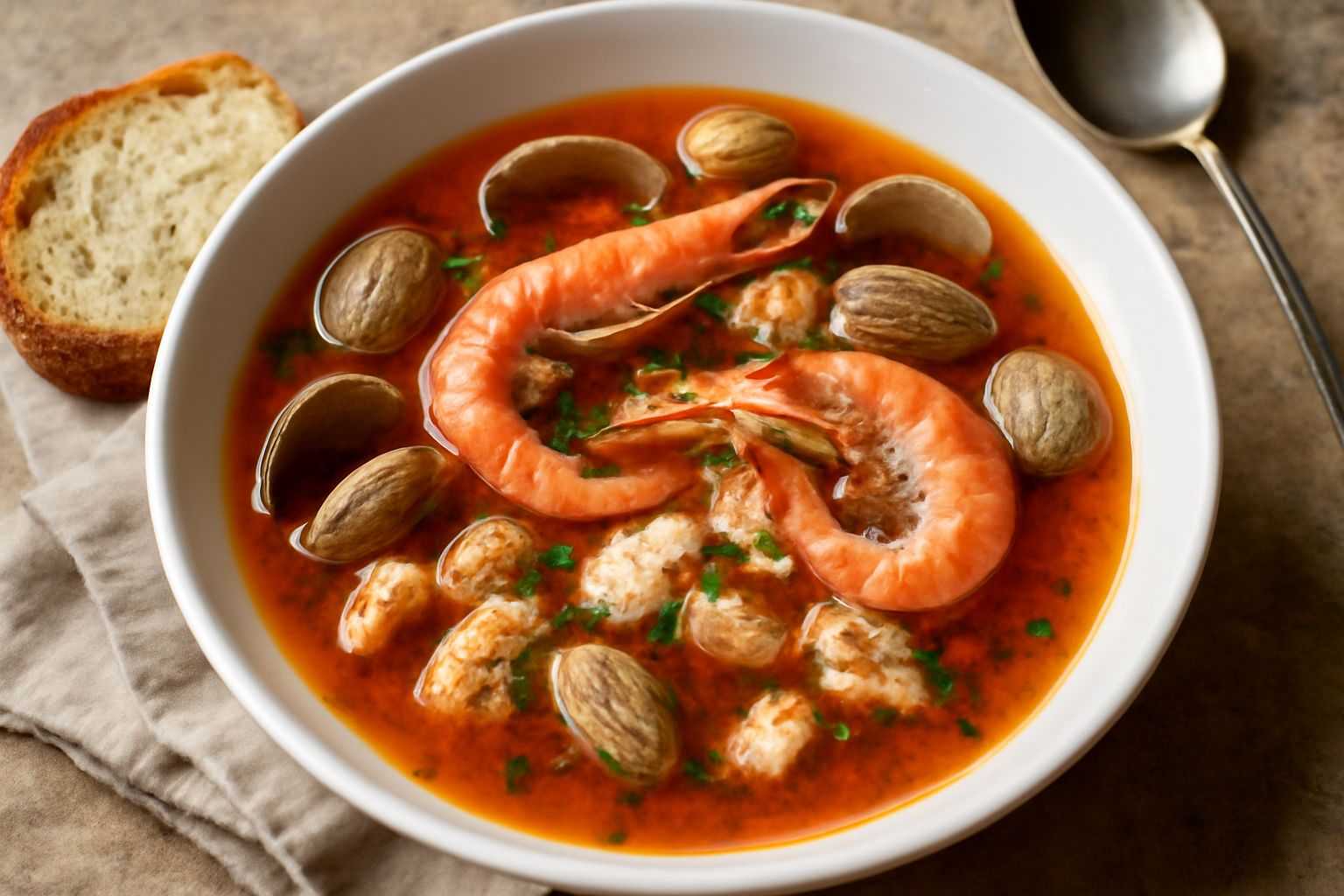 Zuppa di pesce alla triestina servita in una ciotola di ceramica bianca: brodo rosato con vongole chiuse, mazzancolle rosa, pezzi di branzino e altri pesci bianchi, con prezzemolo verde fresco sparso 