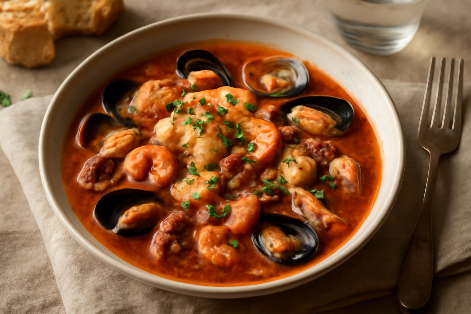 Zuppa di pesce in ciotola di ceramica bianca: brodo rosato con molluschi aperti, filetti di pesce, pomodori e gamberetti, guarnita di prezzemolo fresco tritato, pane tostato sul bordo
