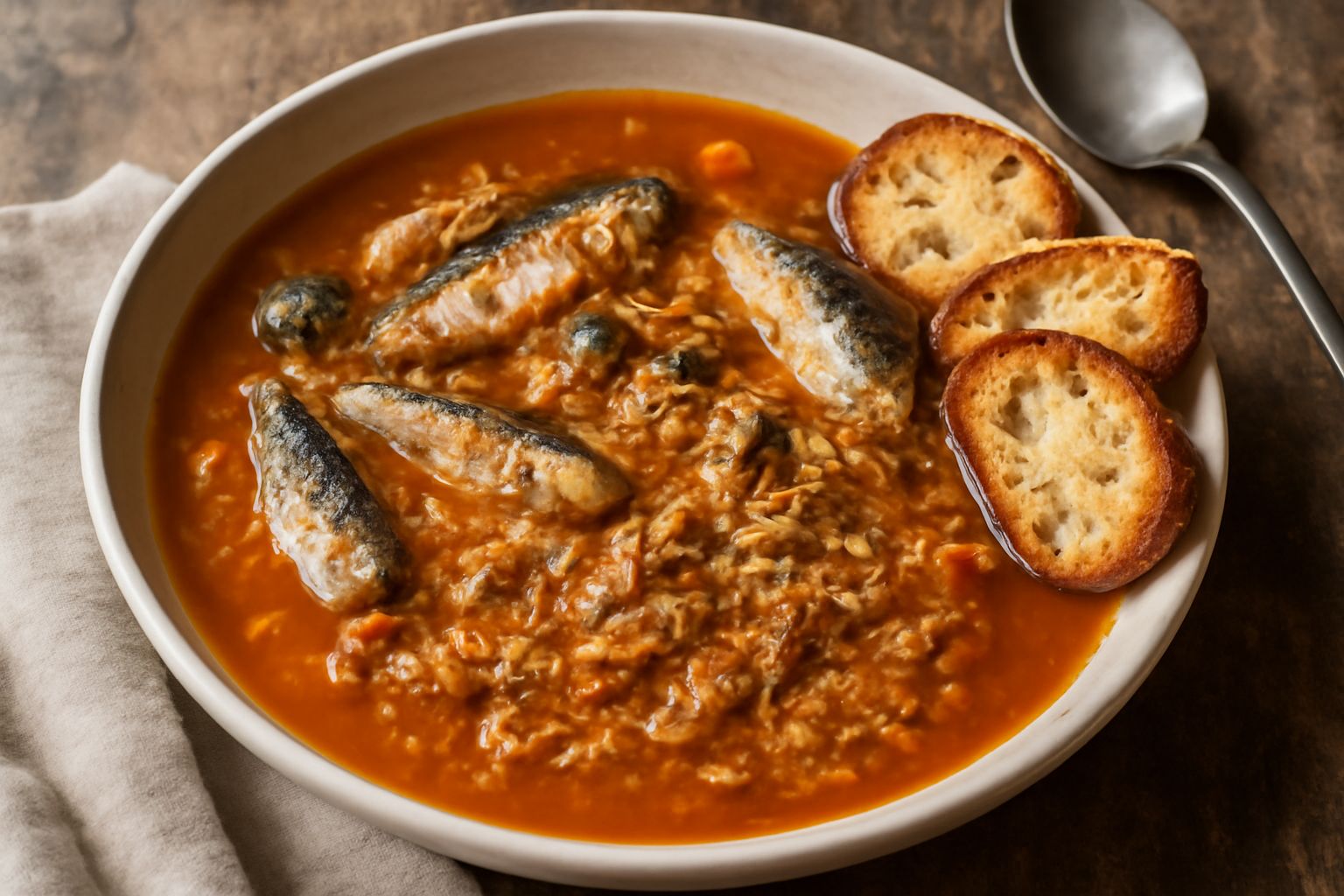 Zuppa di pesce azzurro in ciotola bianca, liquido arancio con pezzi di pesce bianco, pomodori rossi, pane tostato ai lati, prezzemolo fresco verde in superficie, tavolo rustico grigio