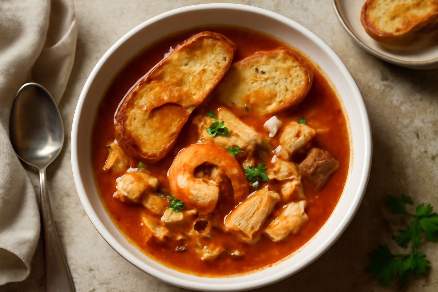 Ciotola di terracotta con zuppa di pesce in brodo rossiccio, fette di pane tostato immerse, pesci misti visibili, prezzemolo verde fresco, aglio e una mano che versa olio d'oliva sopra