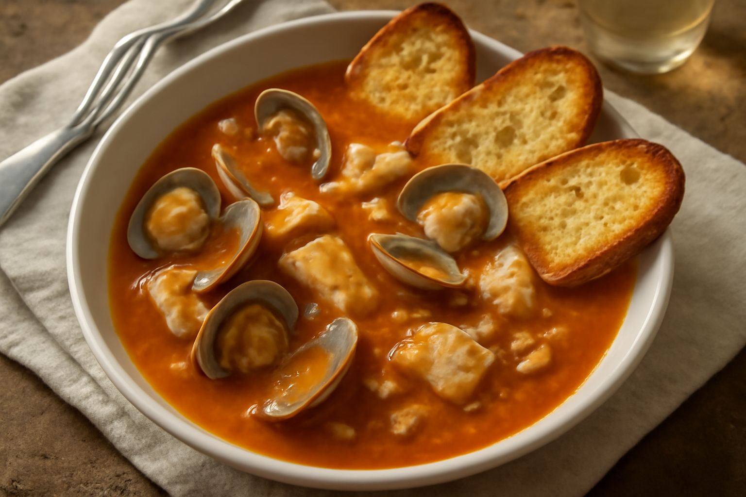 Zuppa di pesce in ciotola bianca profonda con brodo chiaro e ambrato, vongole aperte, pezzi di pesce bianco visibili, fettine di pane tostato dorate poggiate sul bordo e nel brodo, prezzemolo fresco v