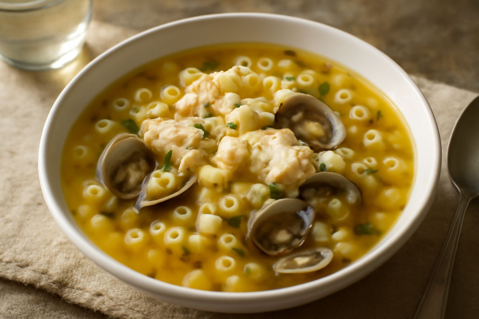 Zuppa di pesce in una ciotola di ceramica bianca: brodo trasparente dorato, pasta corta, filetti di pesce bianco, vongole aperte, prezzemolo fresco e una fetta di pane tostato a lato