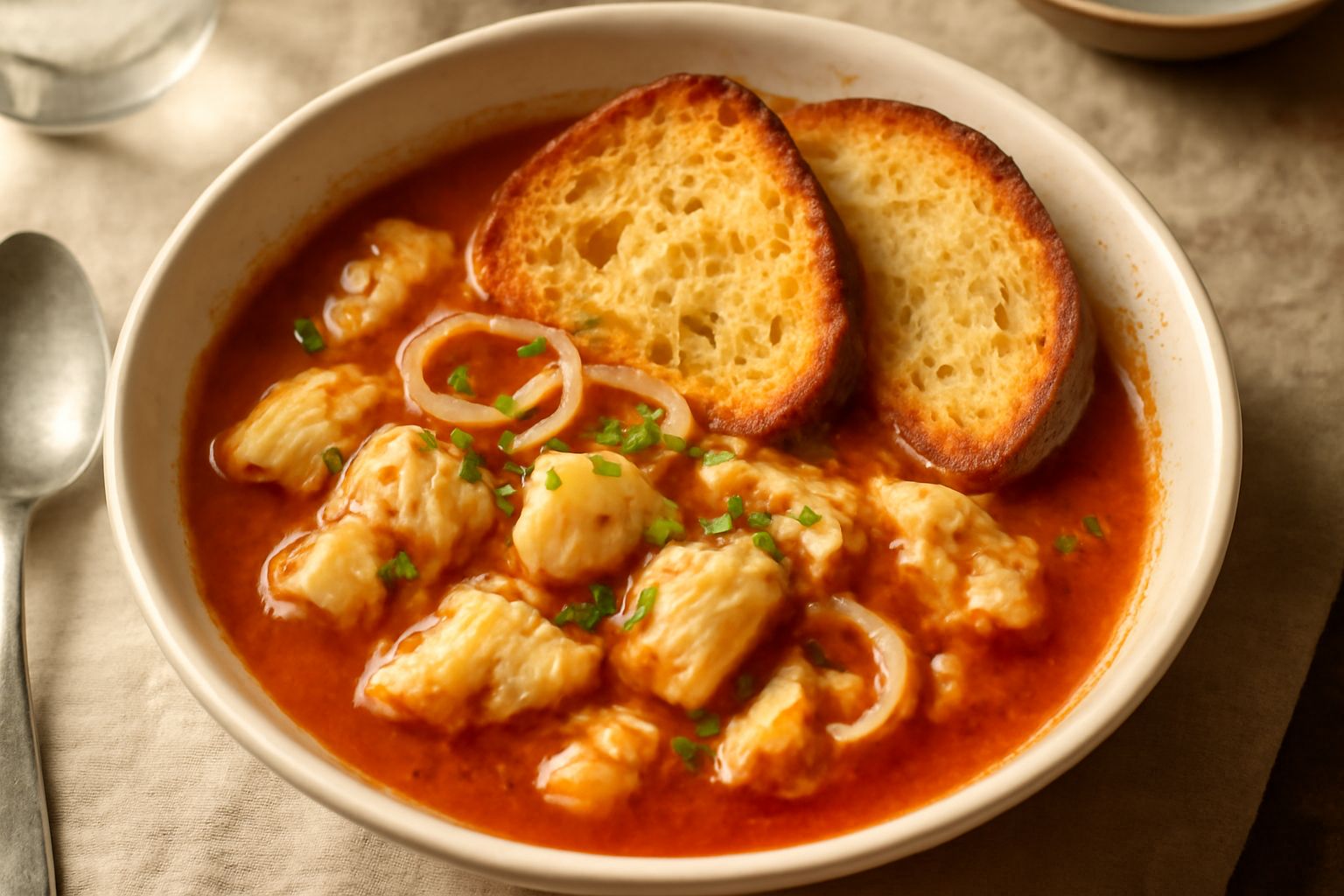 Zuppa di pesce in ciotola bianca con brodo rosso-arancio, pezzi di pesce bianco visibili, fette di pane tostato galleggianti, prezzemolo verde fresco in superficie, servita su tavolo di legno