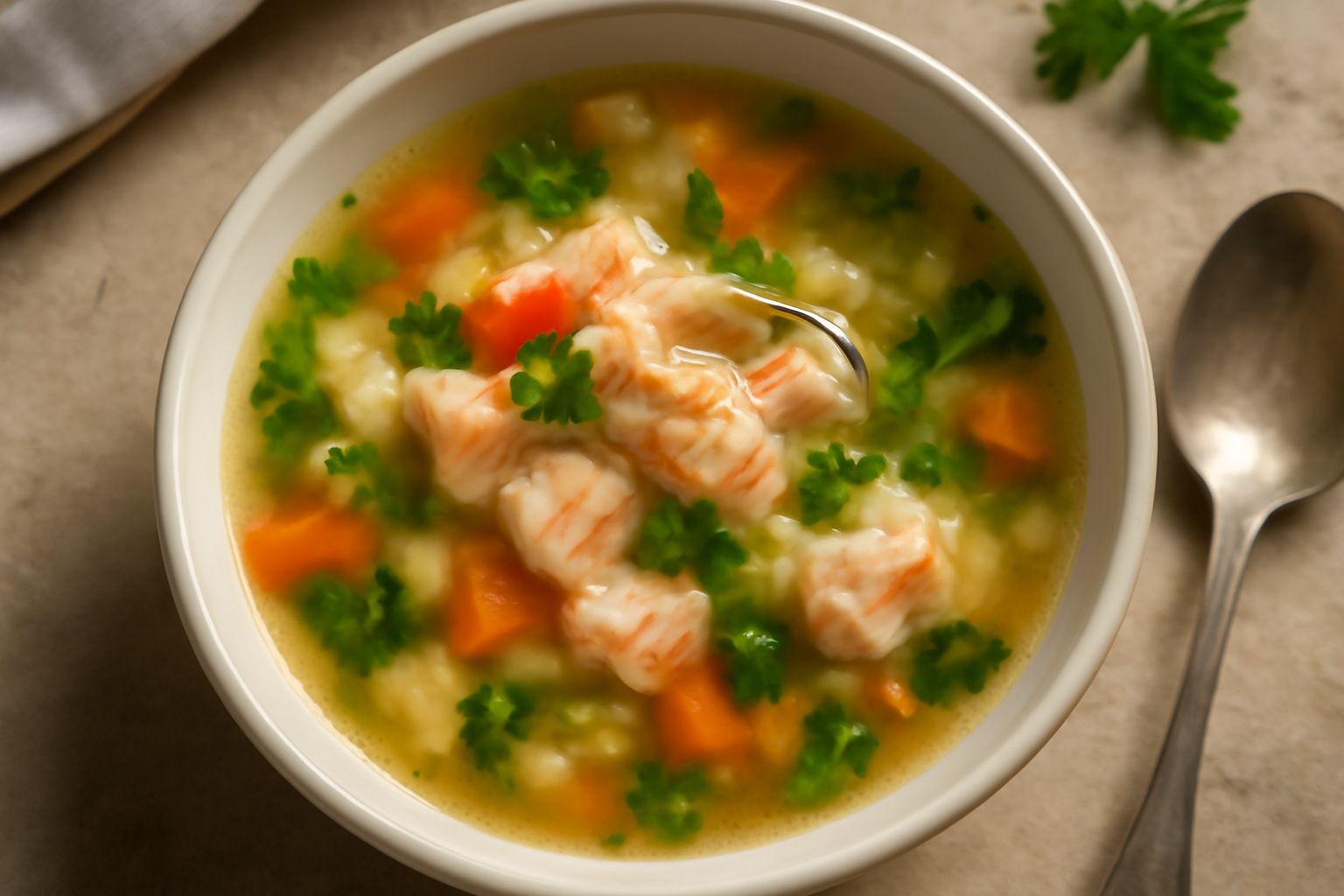 Zuppa di pesce d'acqua dolce in ciotola di ceramica bianca, con pezzi di trota rosa, verdure gialle e verdi, brodo chiaro e trasparente, prezzemolo fresco come guarnizione