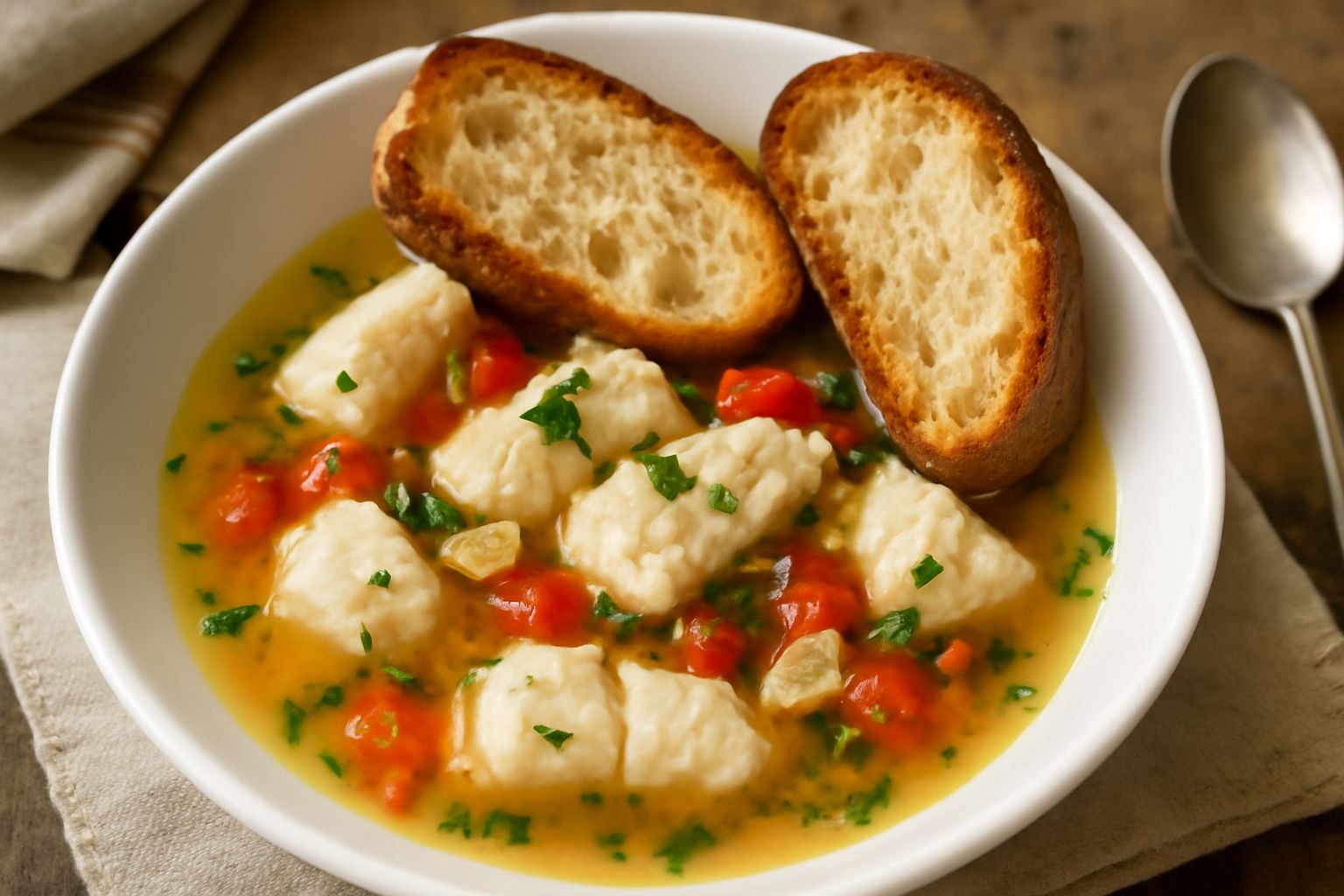 Zuppa di pesce in ciotola di ceramica bianca con brodo trasparente ambrato, tranci di pesce bianco e pezzetti di pomodoro, pane tostato ai lati del piatto su tavolo di legno naturale