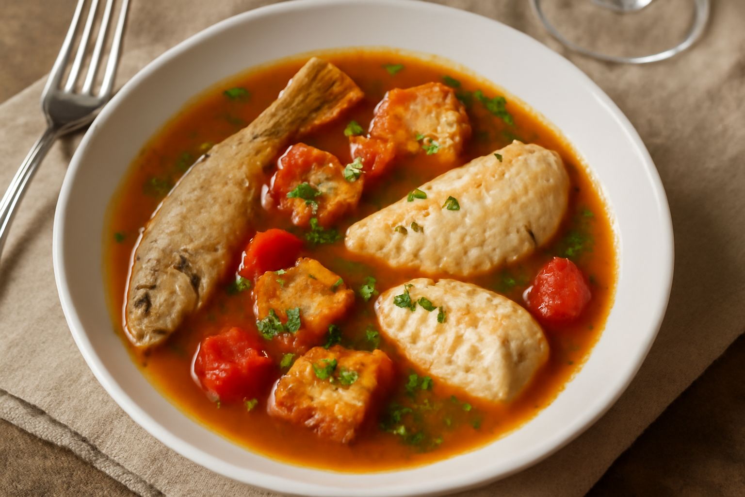 Ciotola di zuppa di pesce con brodo fumante color ambrato, pesci interi e pezzi di pesce bianco visibili, pomodoro rosso, pane tostato galleggiante, ciuffo di prezzemolo verde, servita in piatto fondo