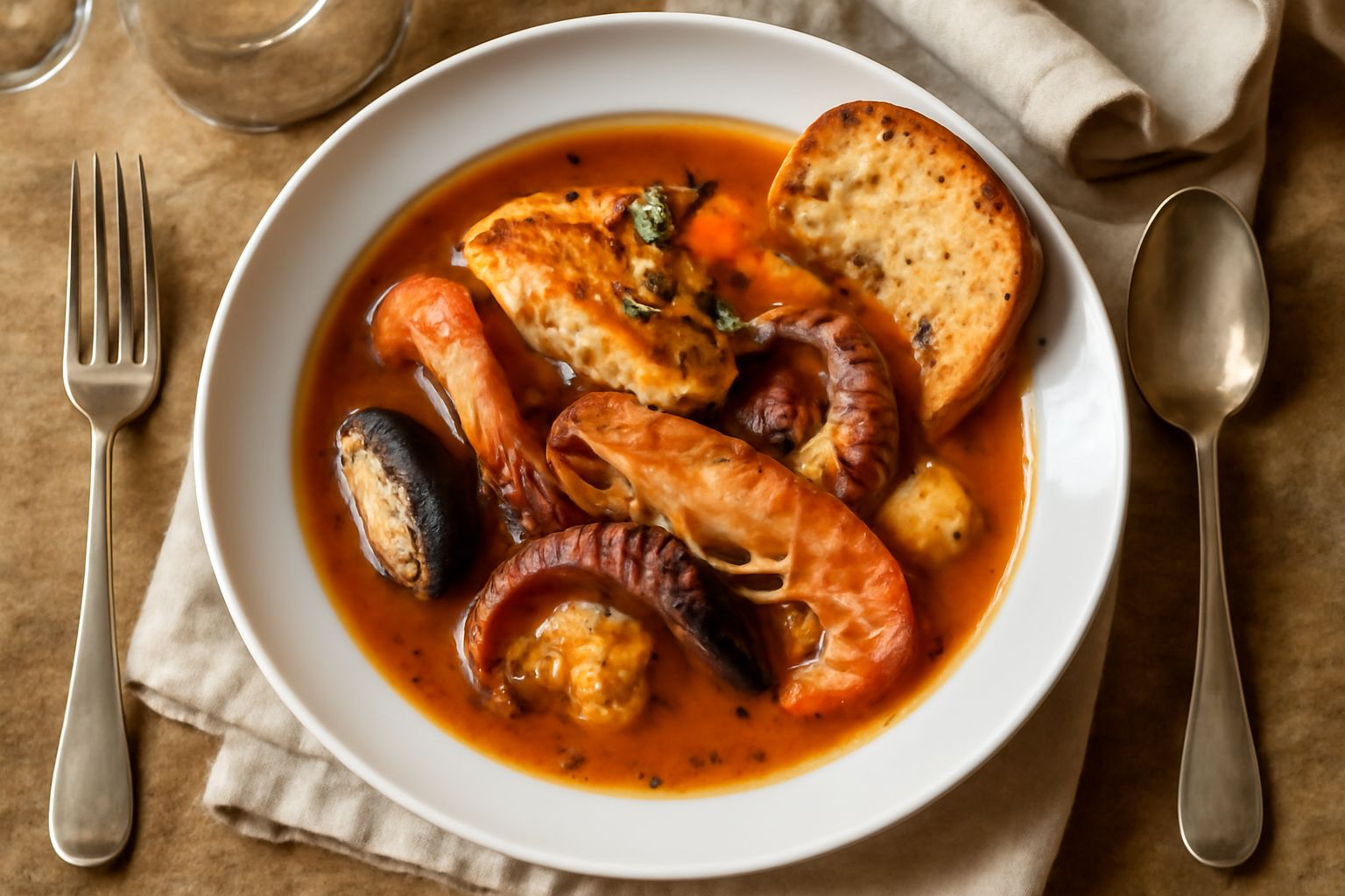 Zuppa di pesce del Po in una ciotola bianca: brodo giallo dorato con pezzi di pesce bianco, pomodori rossi, verdure e prezzemolo fresco sparso in superficie, accompagnato da fette di pane tostato sul 