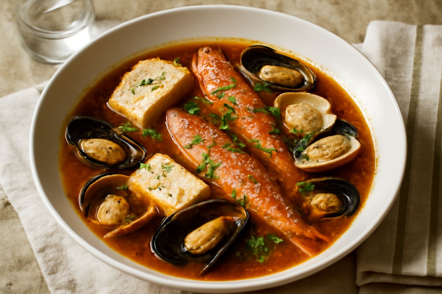 Zuppa di pesce in ciotola bianca fonda con nasello, triglie, vongole e cozze sommerse in brodo rosso di pomodoro, olio d'oliva lucido sulla superficie, prezzemolo fresco verde in cima, pane tostato ac