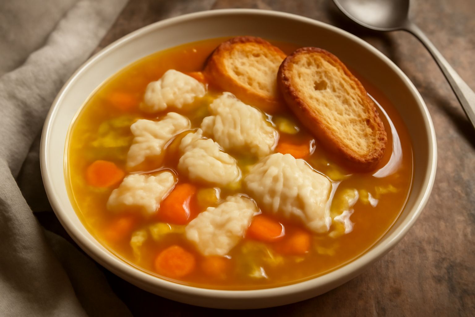 Zuppa di pesce di acqua dolce in una ciotola di ceramica bianca: brodo trasparente color ambra con pezzi di pesce bianco, carota arancione, sedano, cipolla, crostini tostati sul bordo, prezzemolo fres