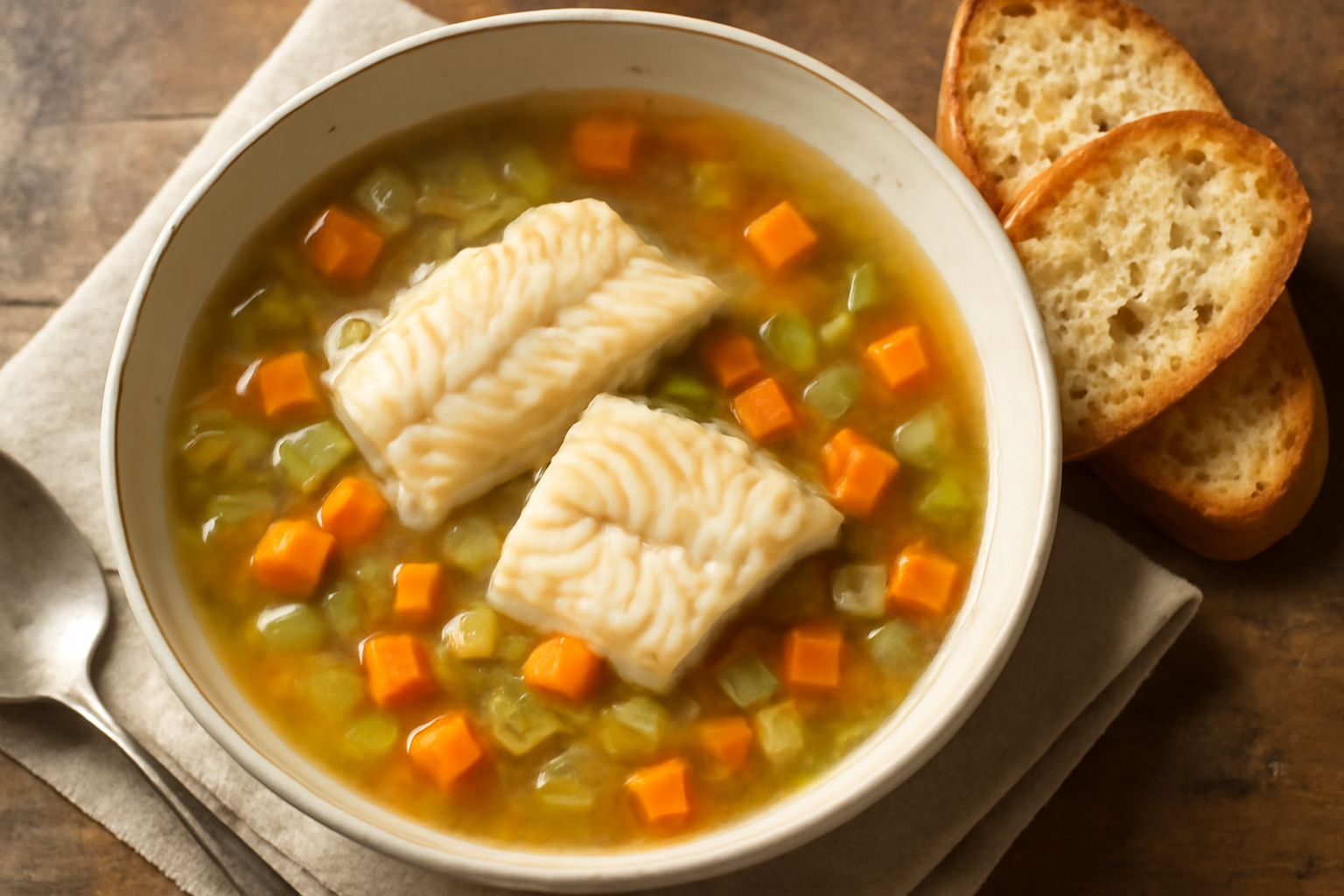 Zuppa di pesce di fiume in ciotola bianca, con filetti di trota visibili nel brodo, verdure tagliate a dadini, prezzemolo verde e fette di pane tostato ai bordi