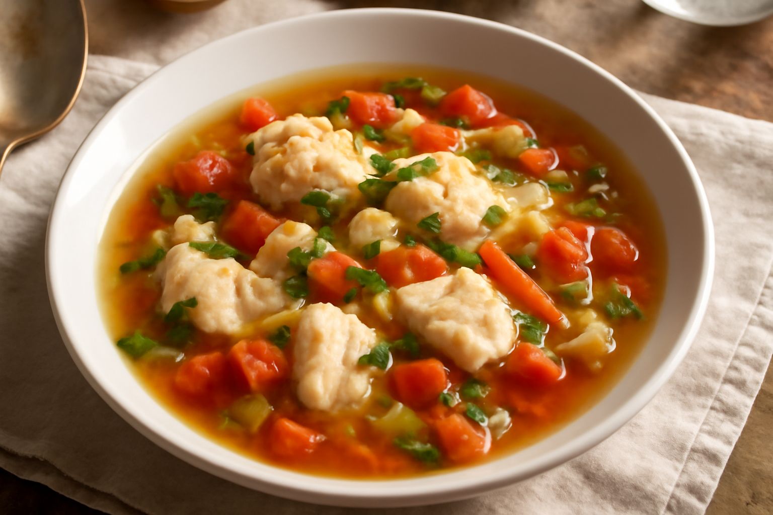 Zuppa di pesce di lago in una ciotola di ceramica bianca, brodo trasparente con pezzi di pesce bianco, pomodori rossi, cipolla, sedano e prezzemolo fresco verde