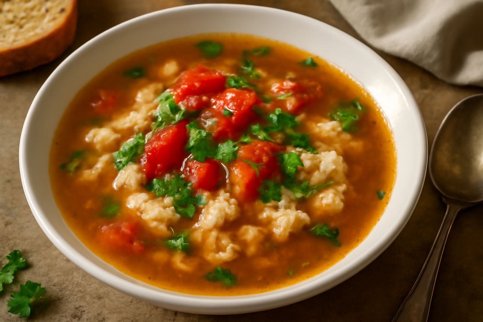 Una zuppa di pesce in ciotola bianca con brodo trasparente ambrato, pezzi di pesce sbriciolati, cipolla gialla morbida, pomodori rossi, prezzemolo fresco verde e una fetta di limone giallo sul bordo, 