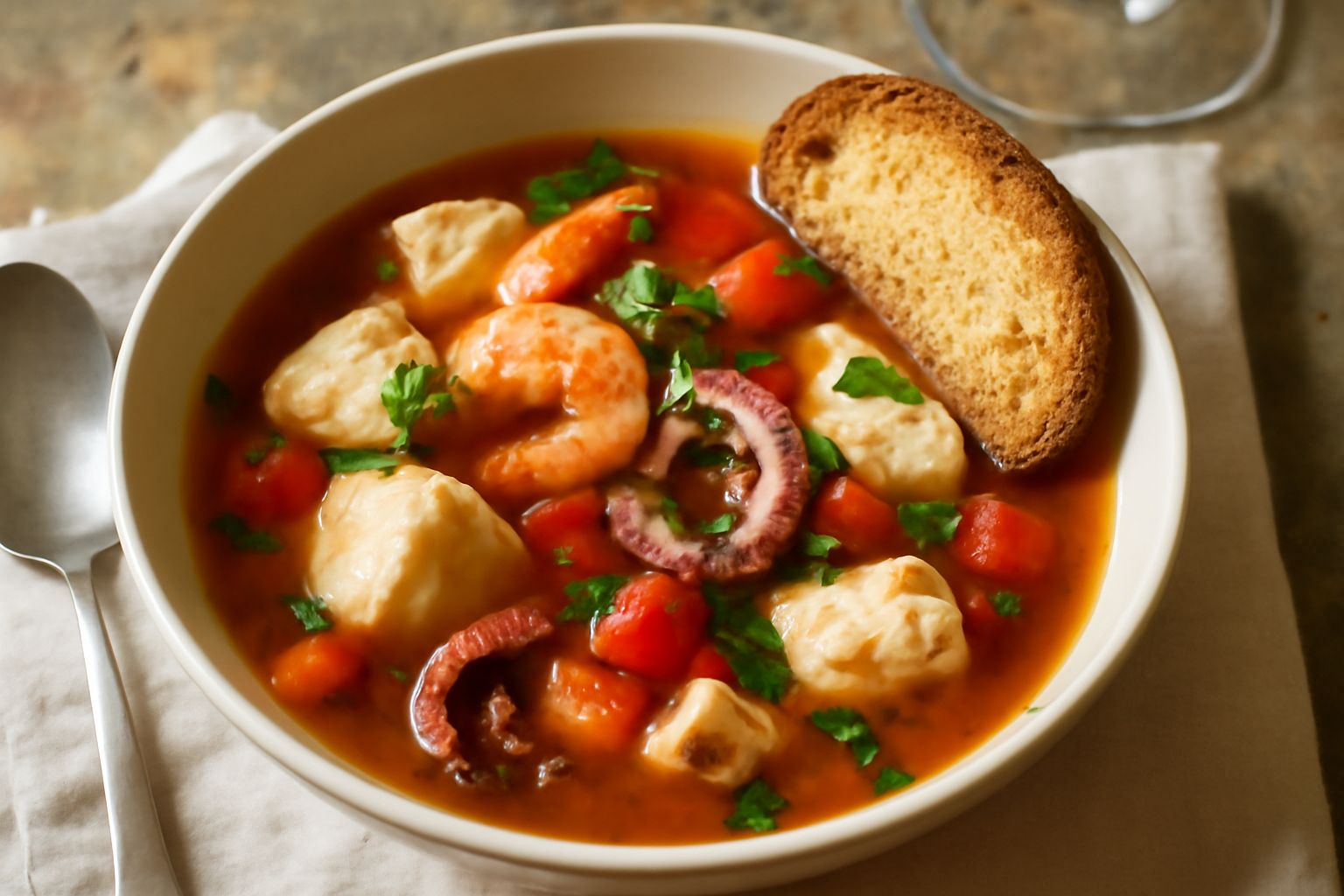 Zuppa di pesce in ciotola bianca con brodo trasparente ambrato, pezzi di pesce bianco e rosso, dadi di pomodoro, fetta di pane tostato sul bordo della ciotola, prezzemolo verde fresco in superficie, r