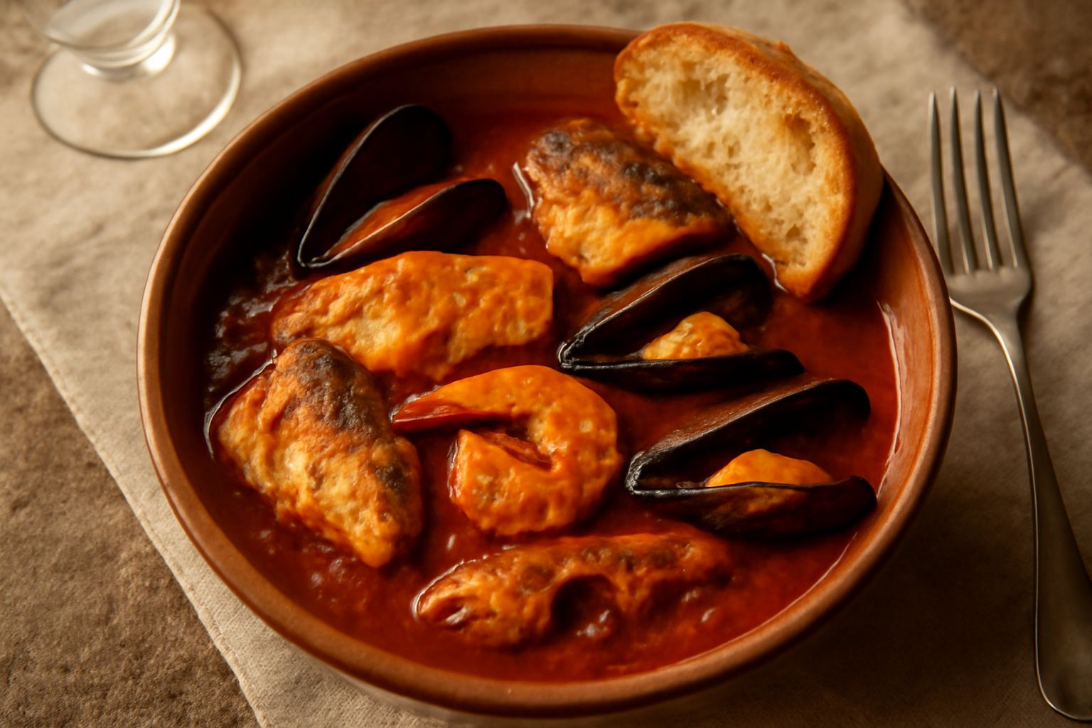 Una ciotola di brodetto di pesce fumante, con pezzi di pesce bianco, cozze nere, gamberetti rosa, zuppa rossa da pomodoro e pezzi di pane tostato ai bordi, servita in una ciotola di terracotta bianca