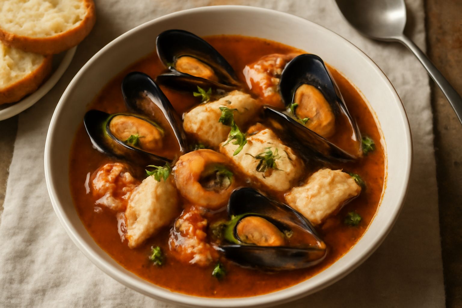 Scodella di terracotta bianca con zuppa di pesce e cozze, brodo bruno dorato, cozze nere aperte, filetti di pesce bianco, pomodoro rosso visibile, prezzemolo verde fresco tritato in superficie, pane t