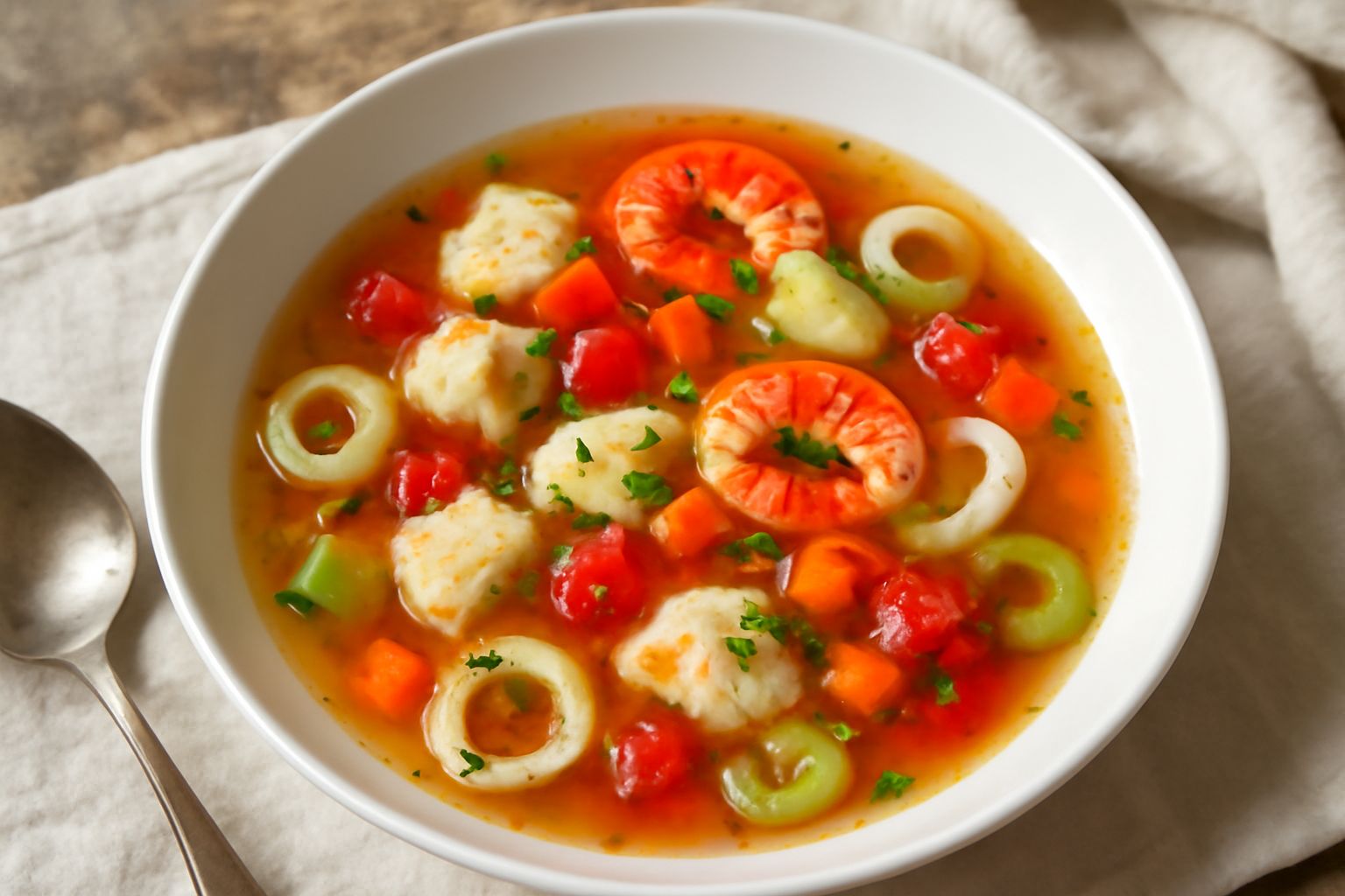 Una ciotola bianca di ceramica con zuppa di pesce fredda: brodo trasparente color ambra con pezzi di pesce bianco, pomodori rossi, sedano verde, e fettine di limone galleggianti. Accanto, una fetta di