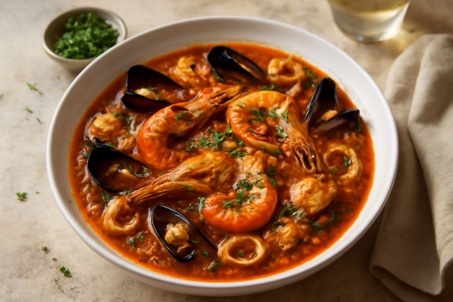 Zuppa di pesce livornese in una ciotola bianca fonda, ricca di vongole veraci guscio aperto, totani tagliati a anelli, gamberi rosa, pomodori in pezzi in un brodetto rosso brunastro con aglio visibile