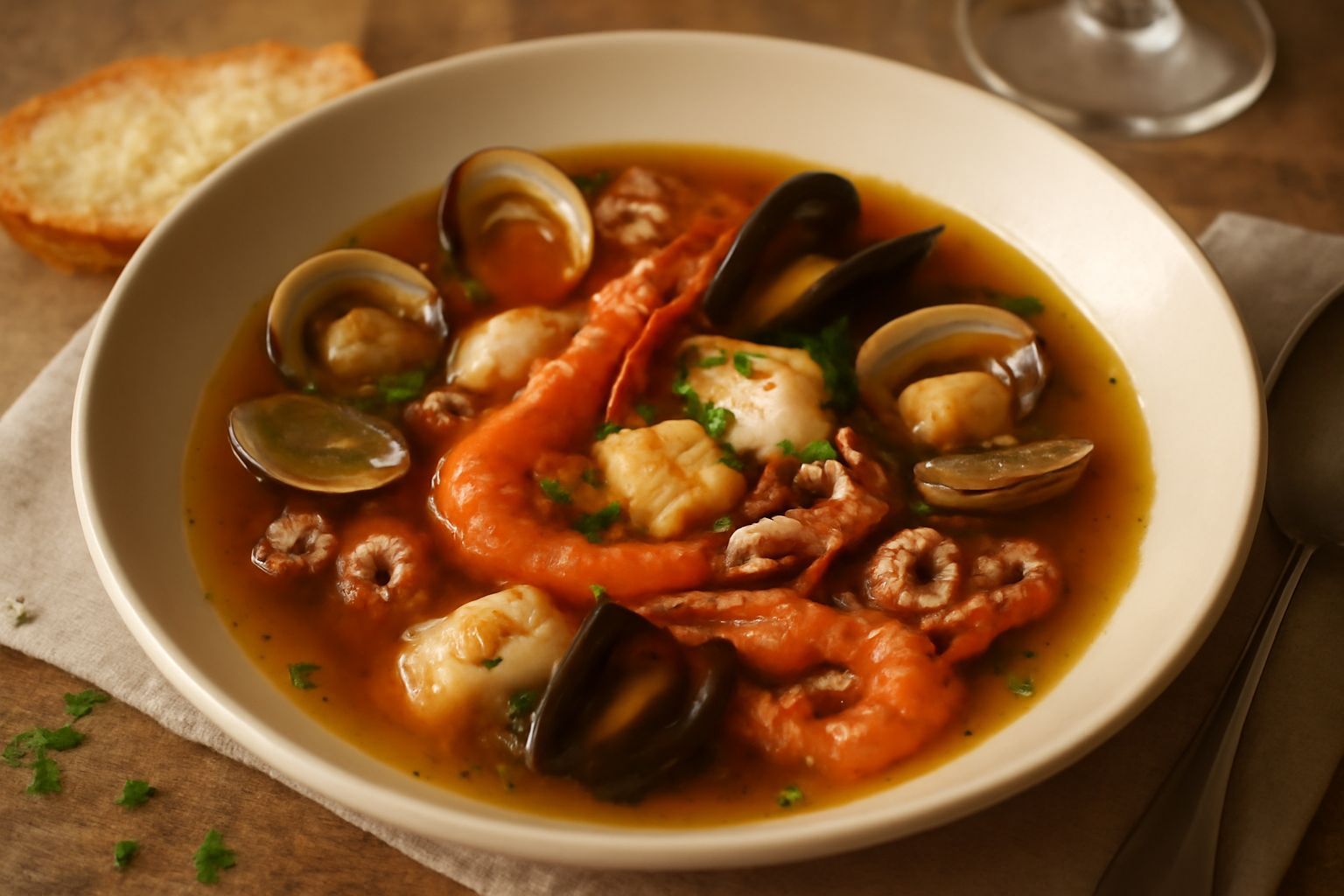 Zuppa di pesce misto servita in piatto fondo bianco, con molluschi aperti, pezzi di pesce bianco, gamberi rossi, brodo trasparente color ambra, prezzemolo verde fresco, fette di pane tostato ai bordi