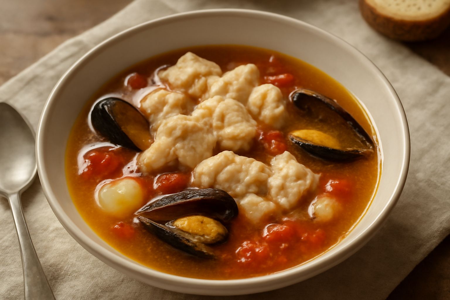 Zuppa di pesce in ciotola larga di ceramica bianca: brodo trasparente ambrato, pezzi di pesce bianco e guscio di molluschi, pomodori rossi, prezzemolo verde come guarnizione, servita con cucchiaio di 