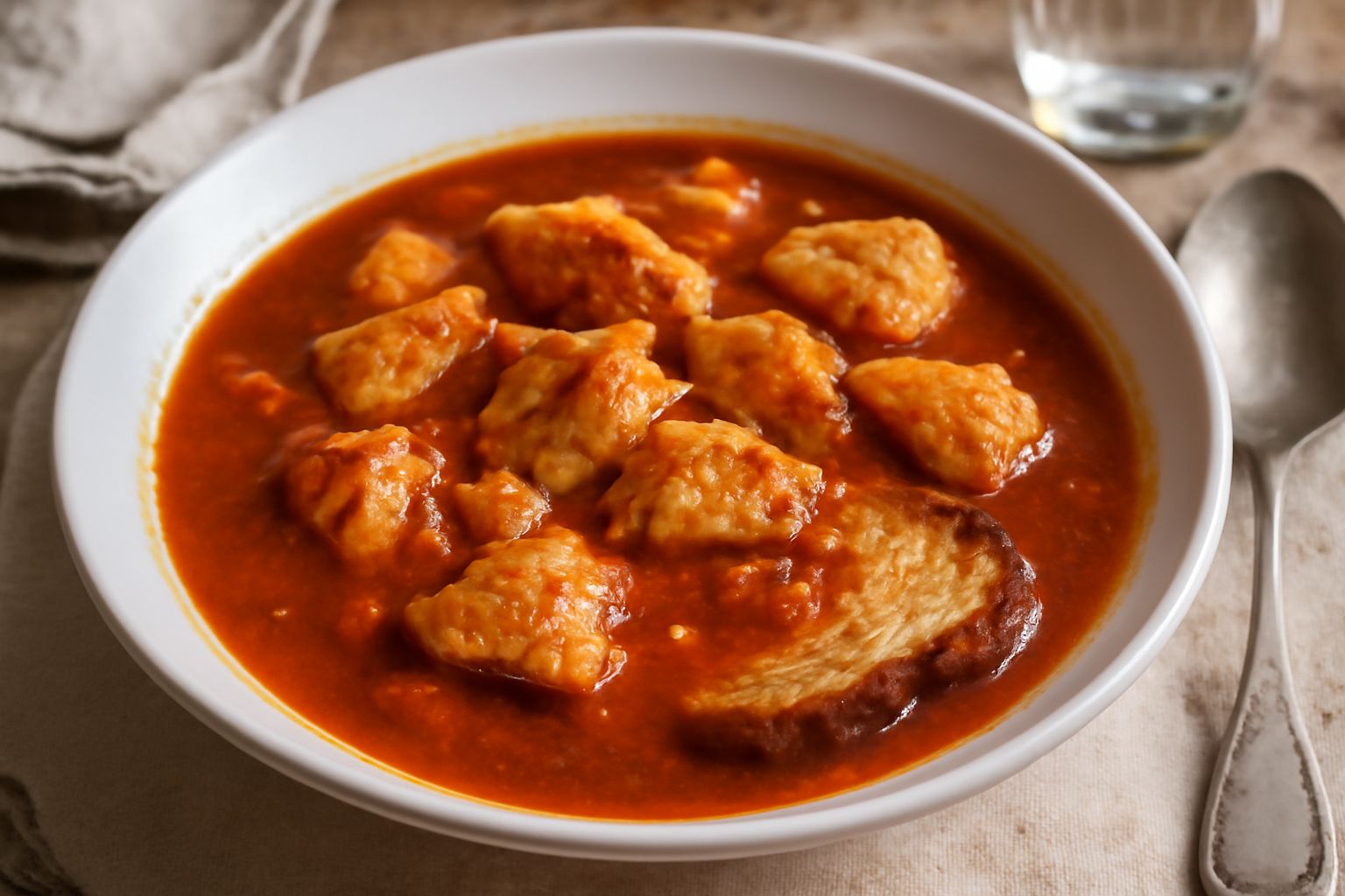 Zuppa di pesce povero in una ciotola di ceramica bianca, con brodo rosso scuro, pezzi di pesce grigio visibili, fette di pane tostato galleggianti, prezzemolo fresco verde e gocce d'olio dorato in sup