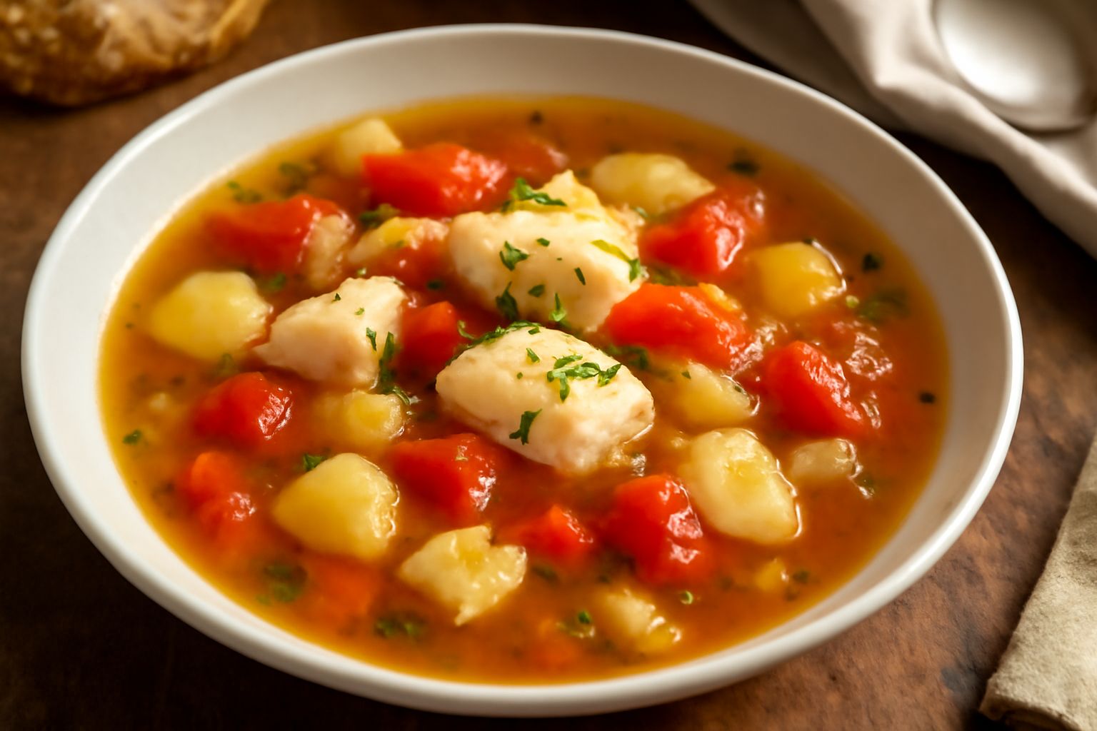 Ciotola di zuppa di pesce color ambra con pezzi di pesce bianco, pomodori rossi, patate e prezzemolo verde, servita in piatto fondo bianco con cucchiaio