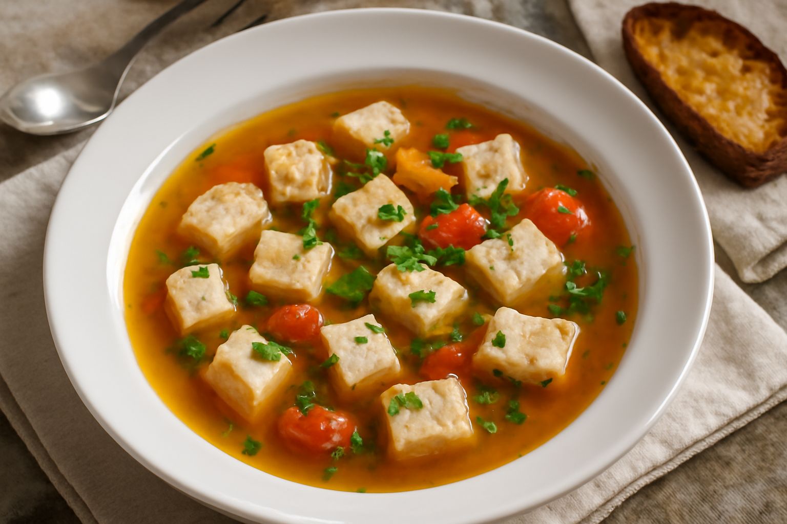Una zuppa di pesce spada in ciotola bianca: brodo trasparente color ambra, cubetti bianchi di pesce, pomodori rossi, prezzemolo verde sopra, pane tostato ai bordi della ciotola