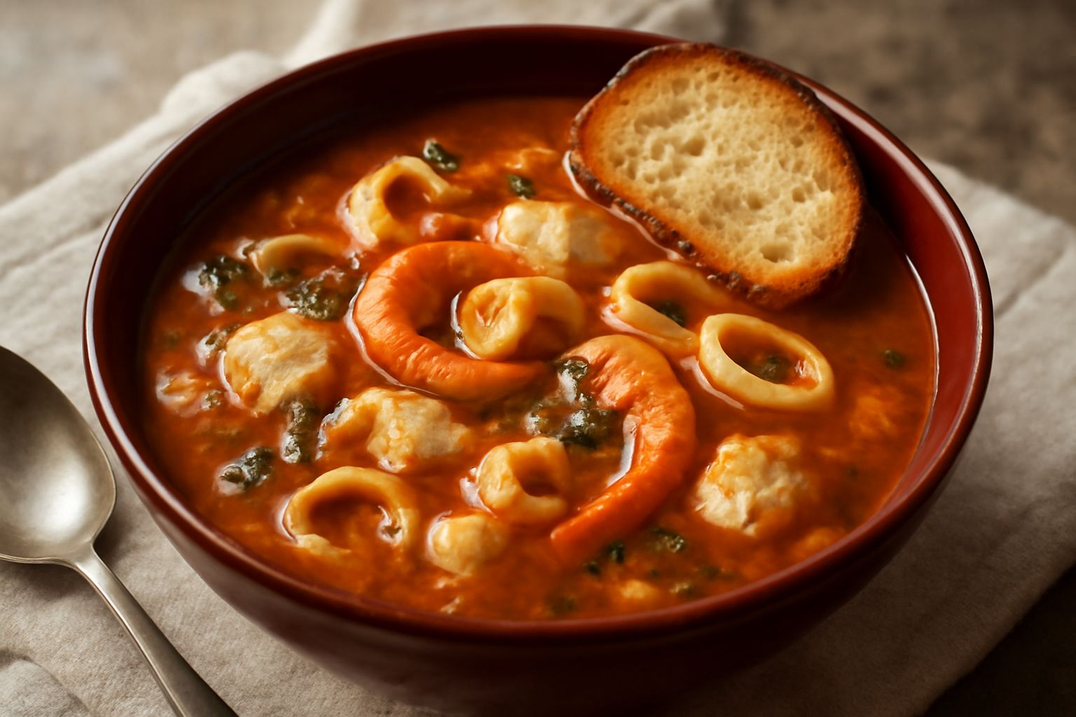 Una ciotola di ceramica bianca piena di brodetto color rosso cupo con pezzi di pesce, calamari e gamberi visibili, con una fetta di pane tostato che affonda nel liquido fumante; accanto un piatto bian