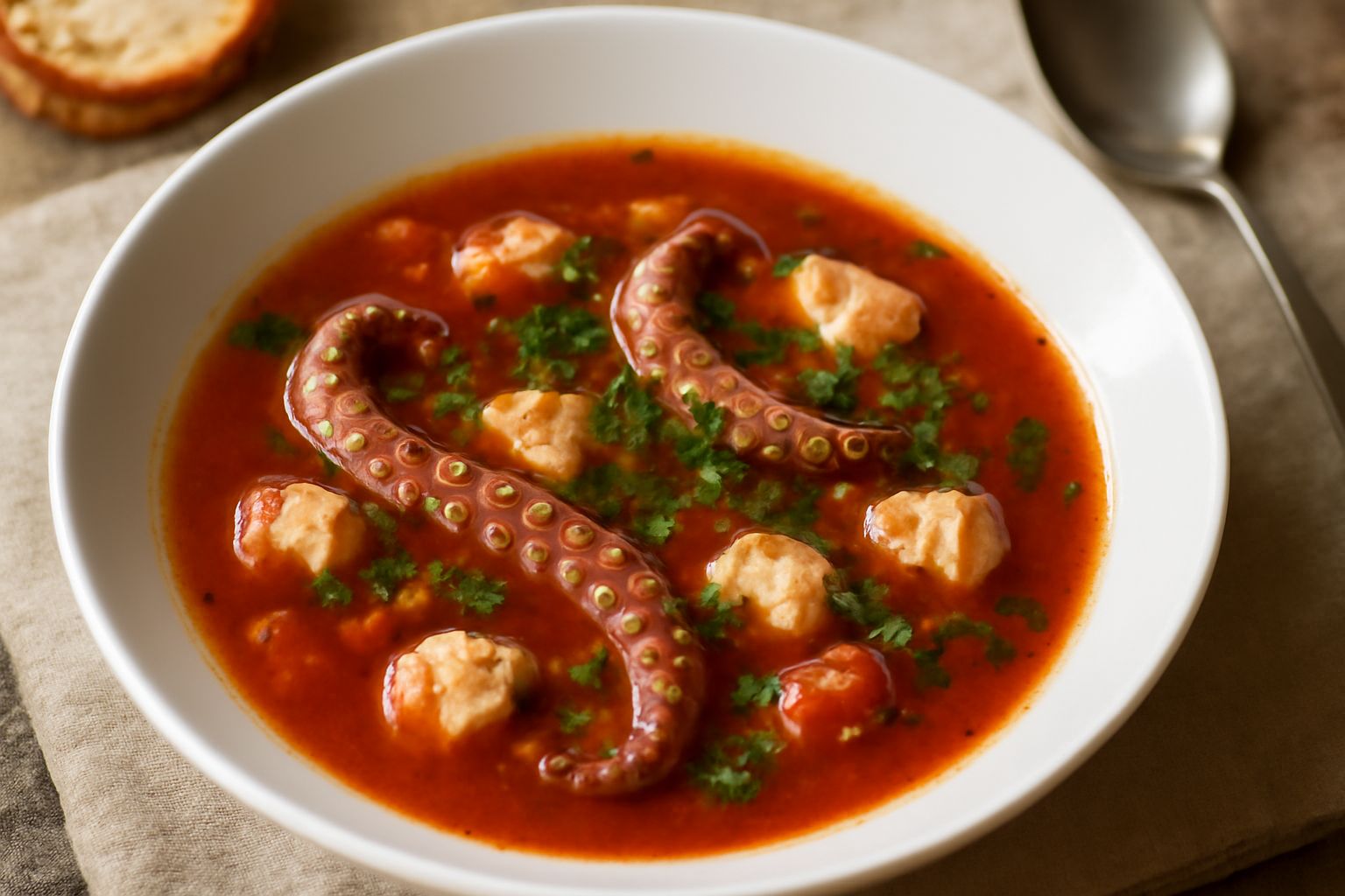 Zuppa di polpo in ciotola bianca con brodo rosso, pezzi di polpo visibili, prezzemolo fresco verde in superficie, pane tostato sul bordo, tavolo in pietra