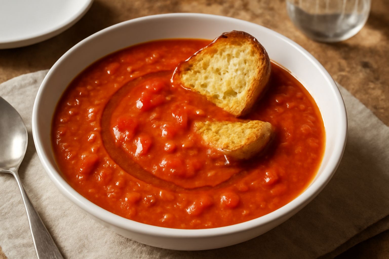 Zuppa di pomodori rosso intenso in una ciotola bianca, guarnita con basilico fresco verde, crostini di pane tostato dorato a lato, e un filo di olio extravergine lucente in superficie
