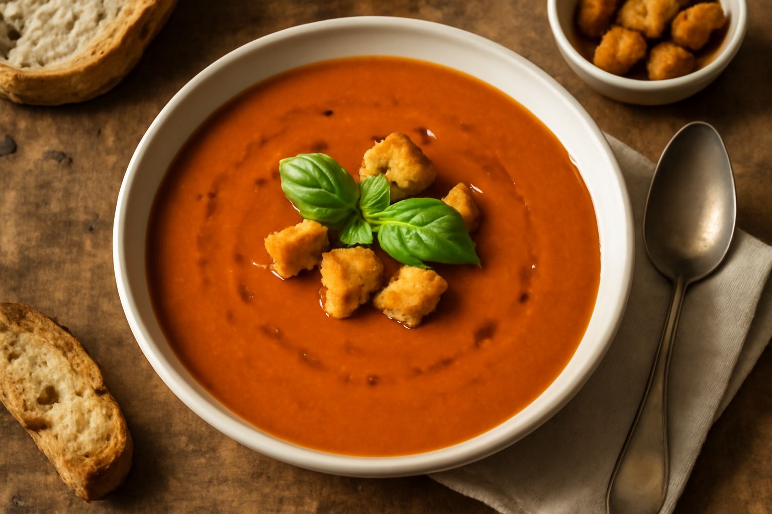 Zuppa di pomodori secchi in ciotola bianca, colore arancione intenso, superficie liscia con gocce di olio extravergine e foglia di basilico fresco, pane tostato a lato